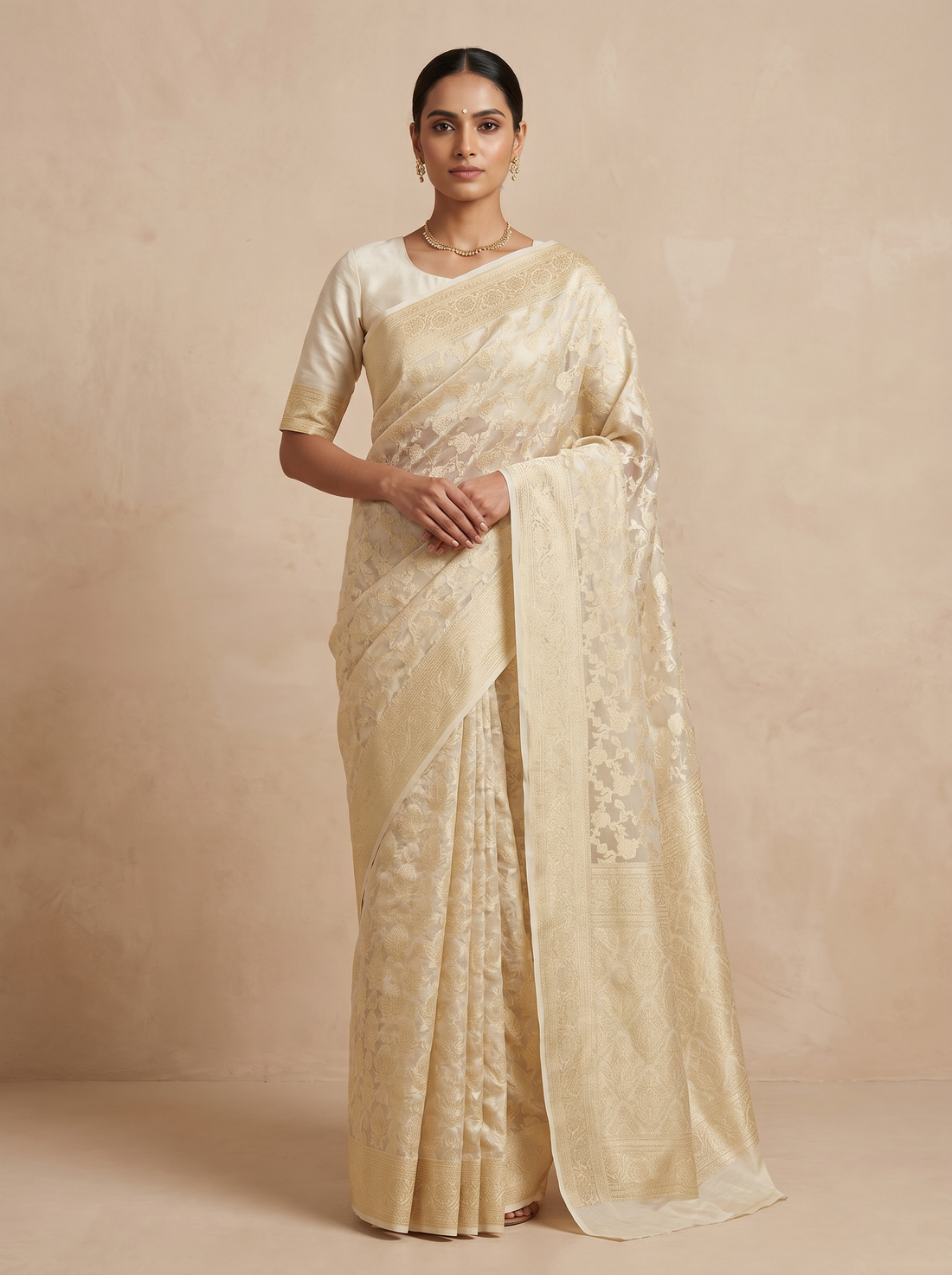 Saantha Signature|Cream Linen Silk Zari Work Saree