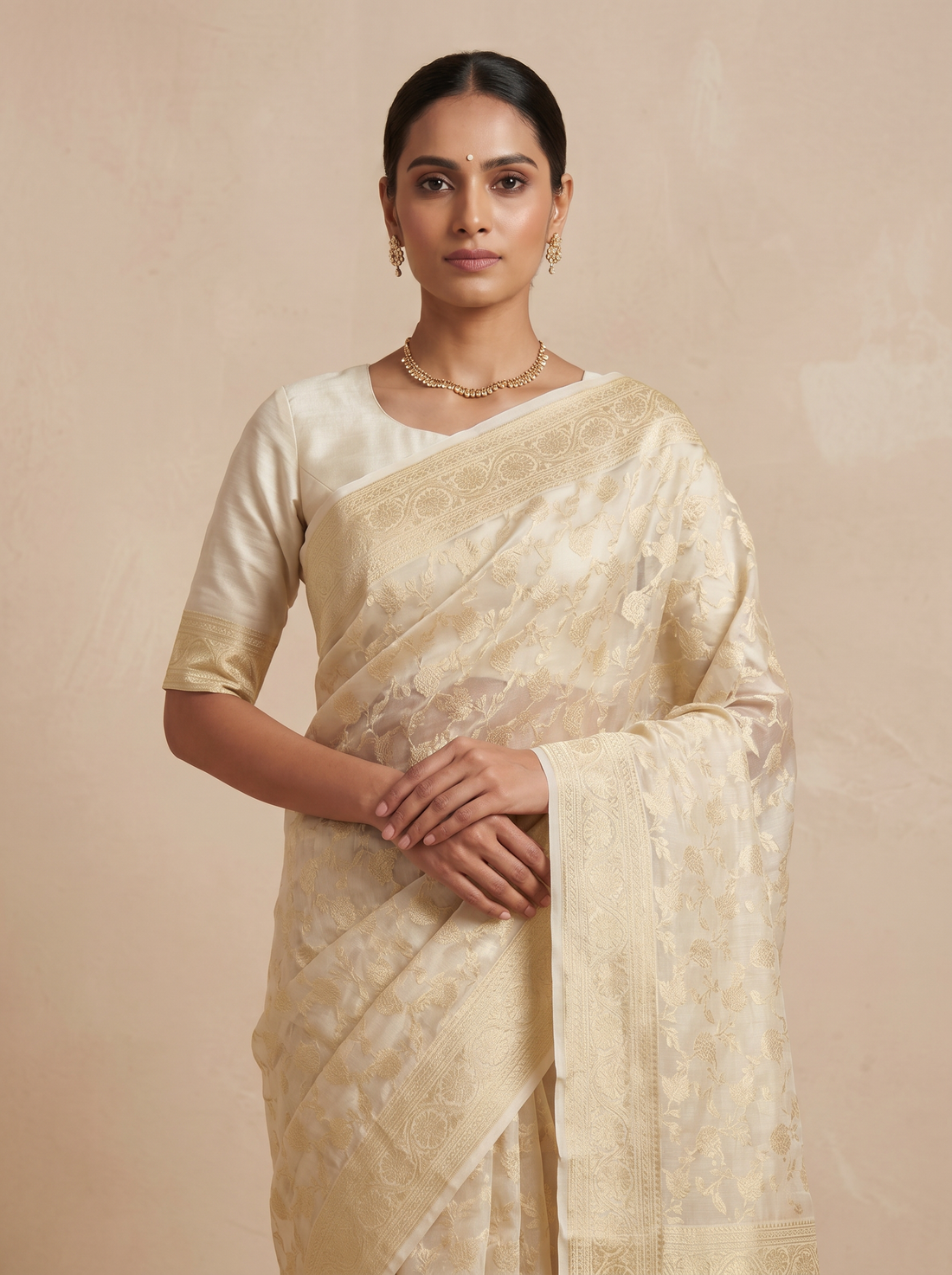 Saantha Signature|Cream Linen Silk Zari Work Saree