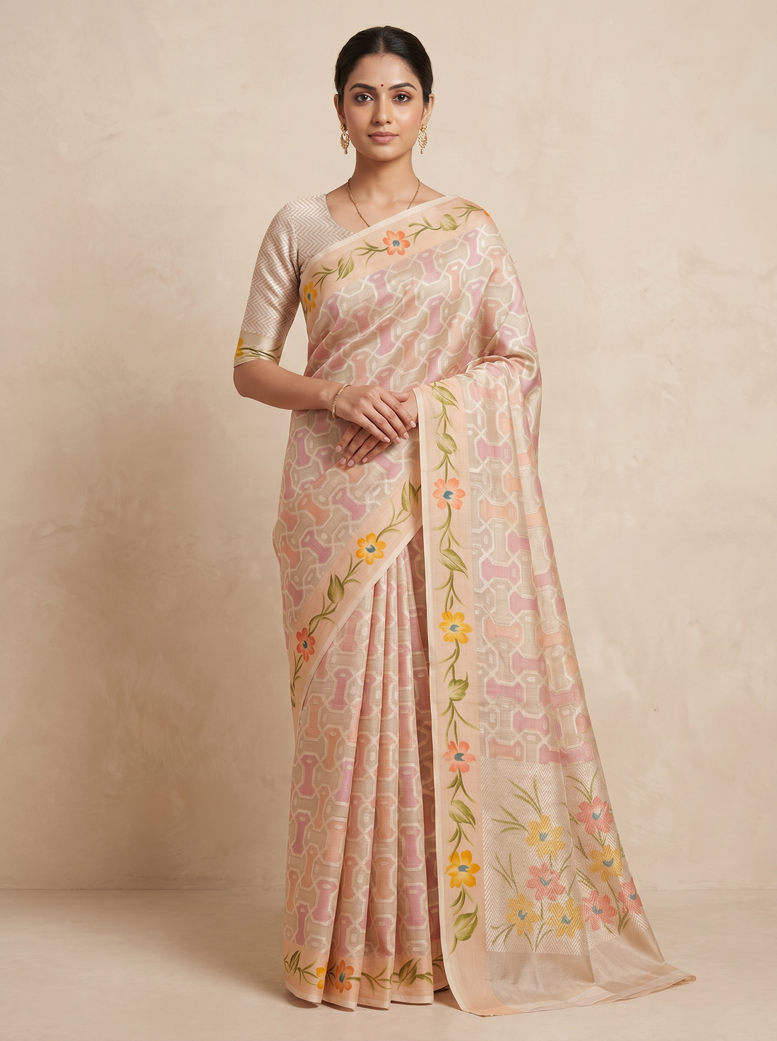 Saantha Signature|Light Orange Linen Silk Zari Work Saree