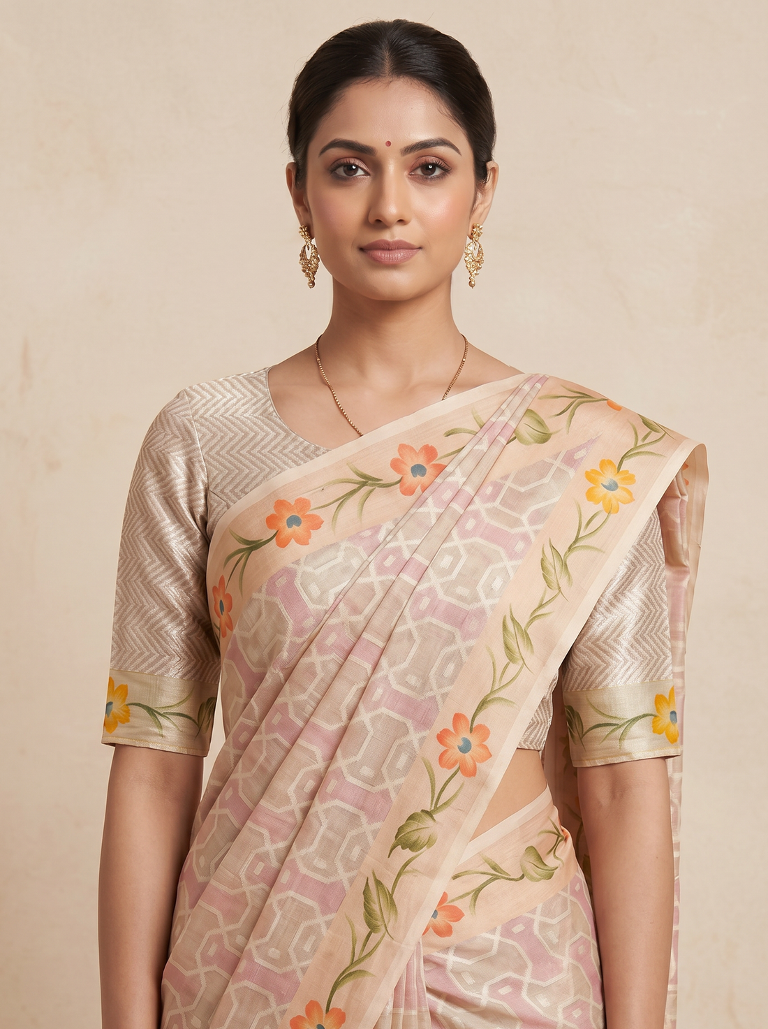 Saantha Signature|Light Orange Linen Silk Zari Work Saree