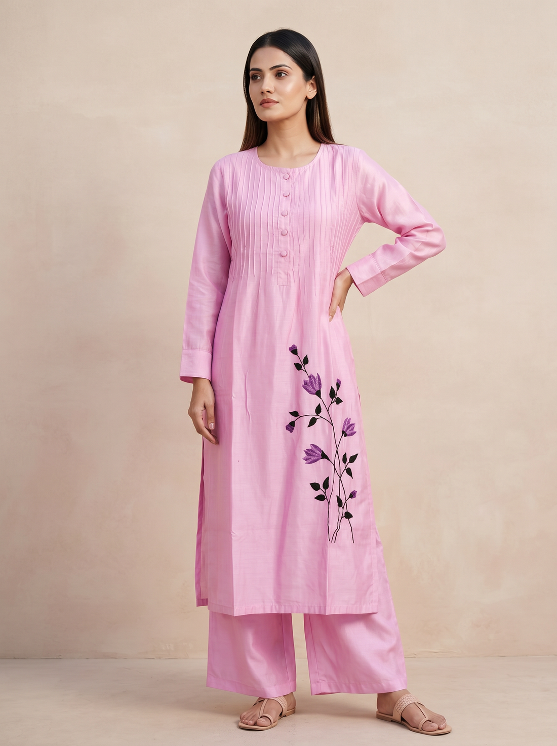 Saantha Signature|Pink Chanderi Hand Embroidery Kurta Set