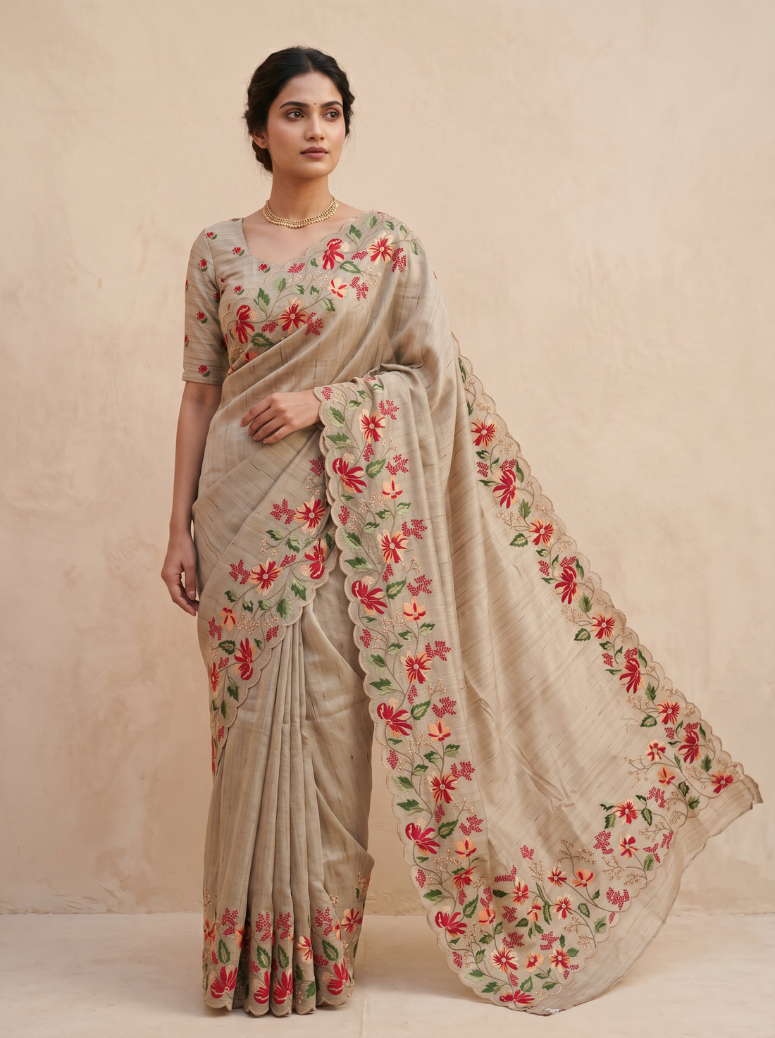 Saantha Signature|Tussar Colour Semi Silk Embroidery Saree