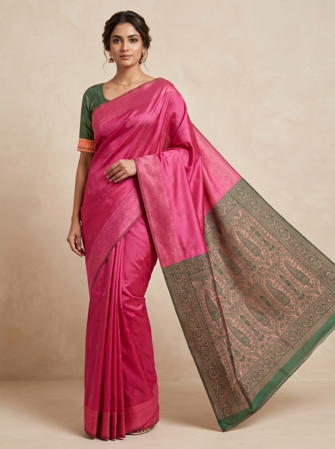 Saantha Signature|Pink Green Blended Silk Zari Work Saree
