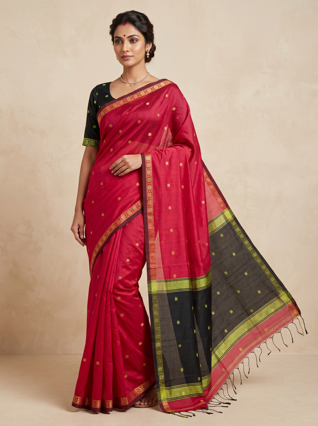 Saantha Signature|Red Black Cotton Chanderi Weave Saree