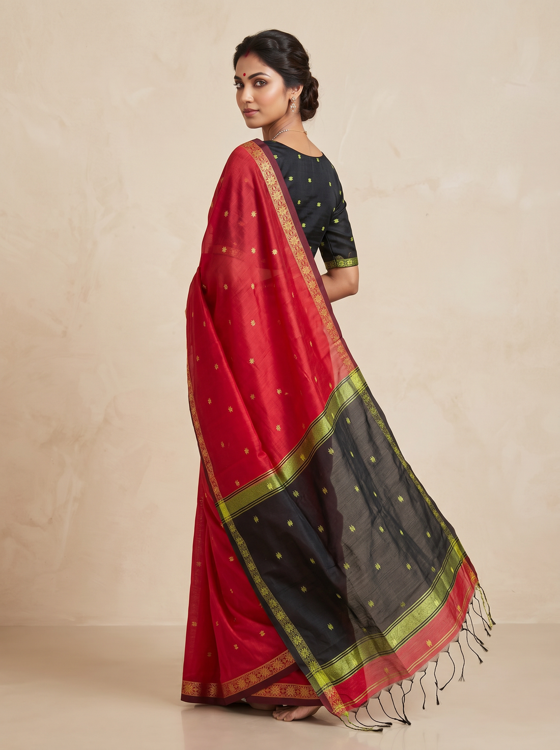 Saantha Signature|Red Black Cotton Chanderi Weave Saree