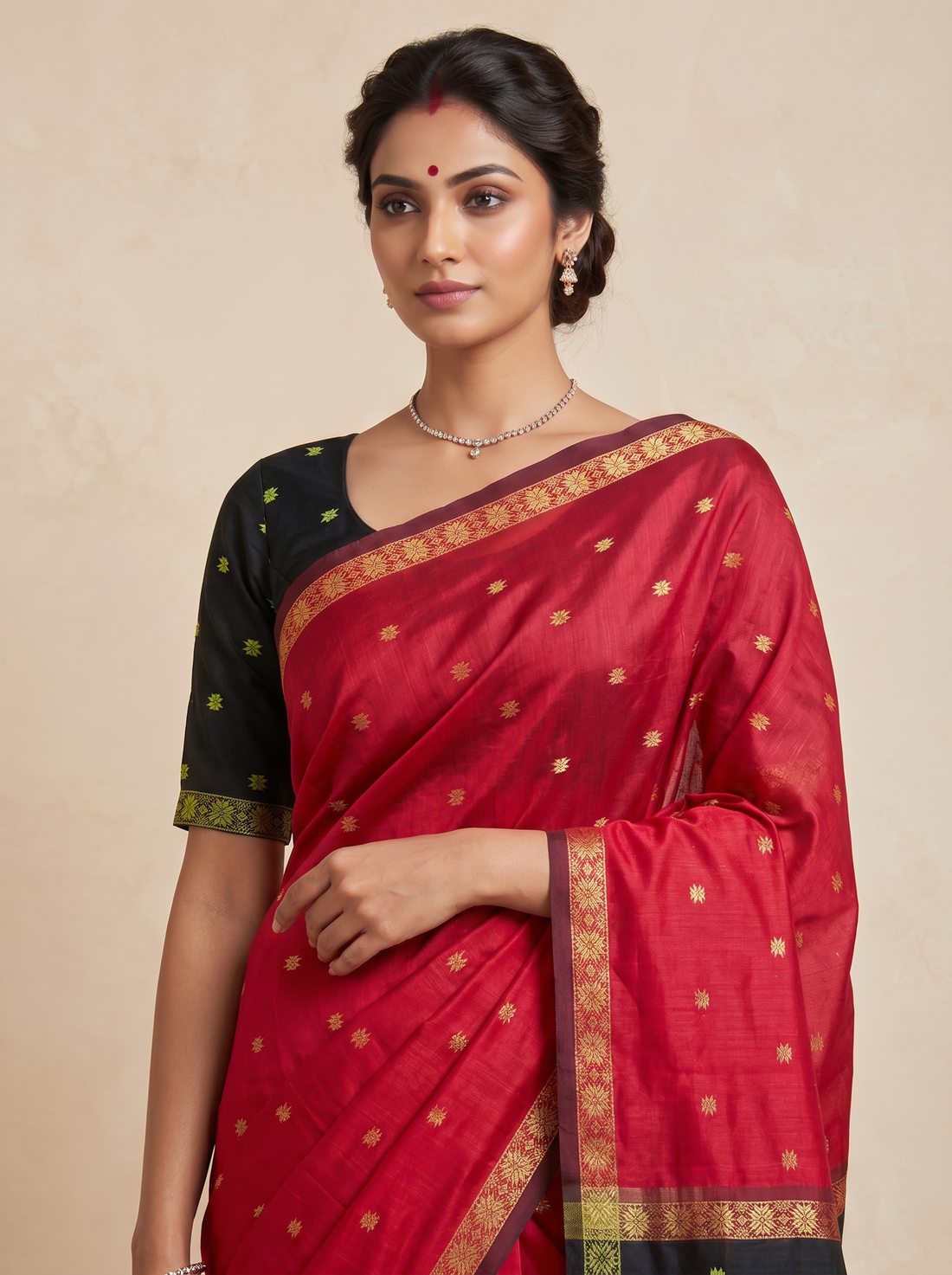 Saantha Signature|Red Black Cotton Chanderi Weave Saree