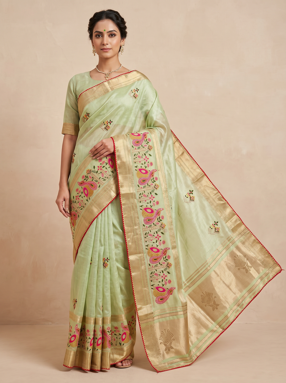 Saantha Signature|Light Green Cotton Silk Embroidery Saree