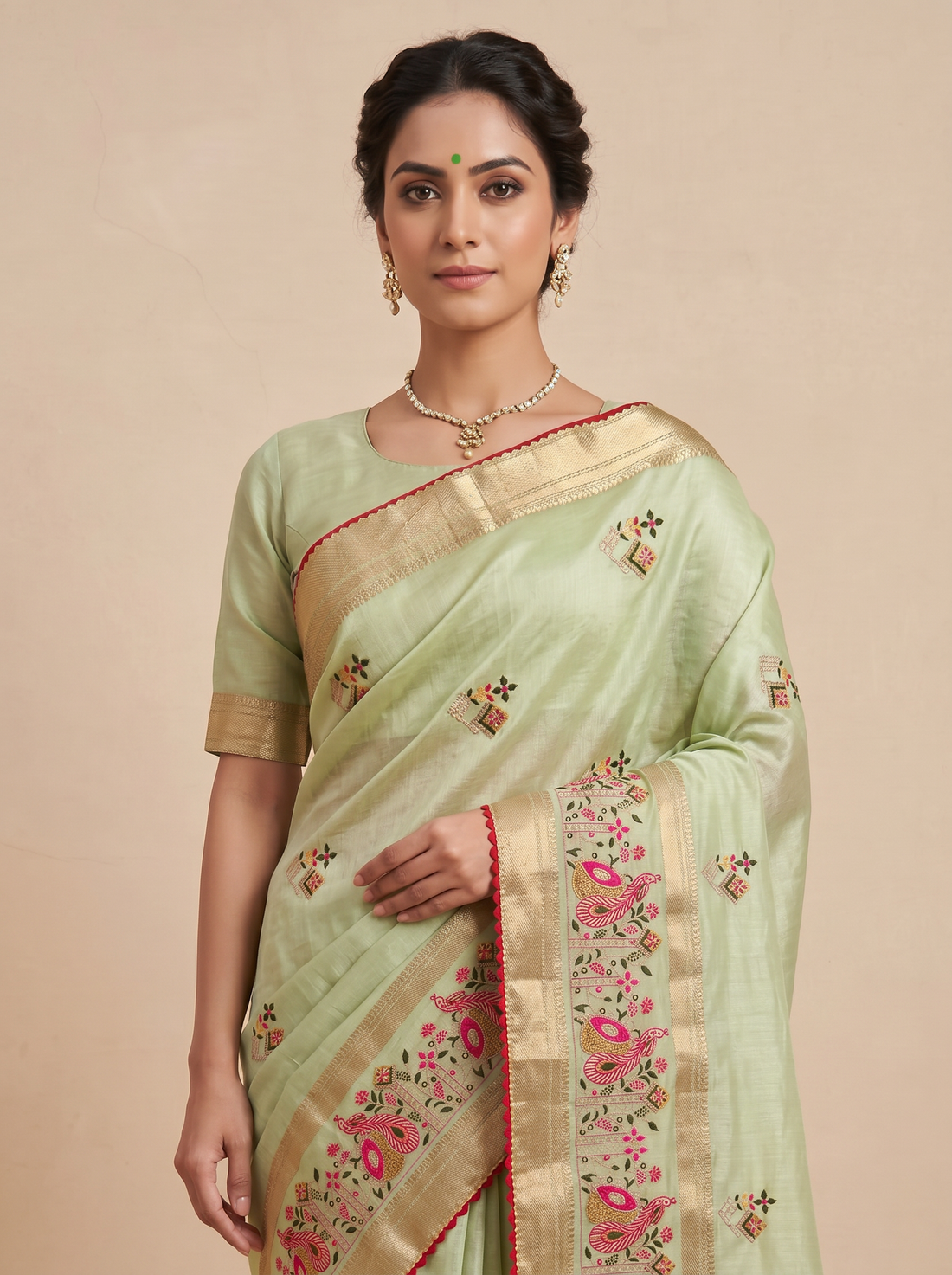 Saantha Signature|Light Green Cotton Silk Embroidery Saree
