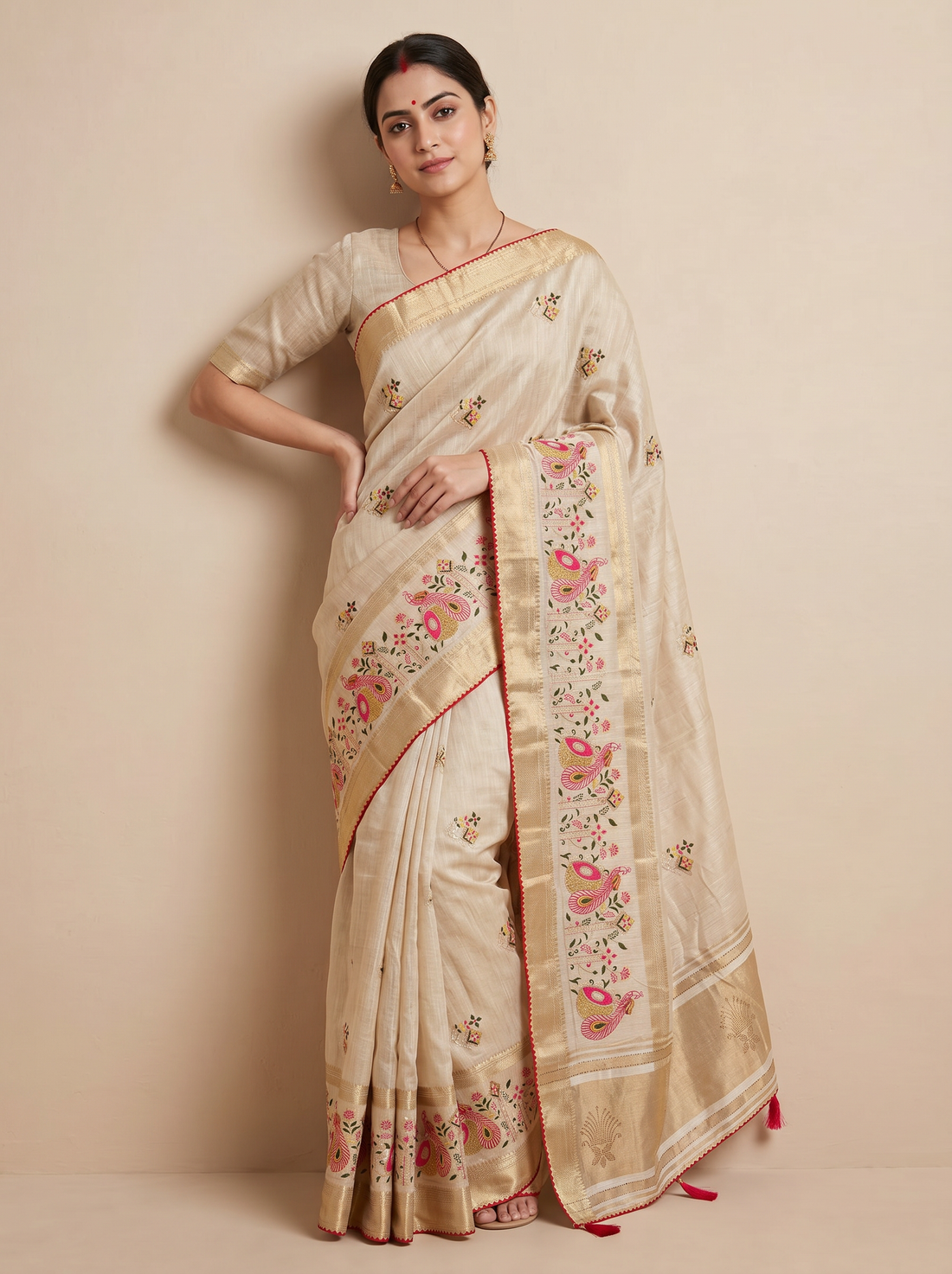 Saantha Signature|Greenish Cream Cotton Silk Embroidery Saree