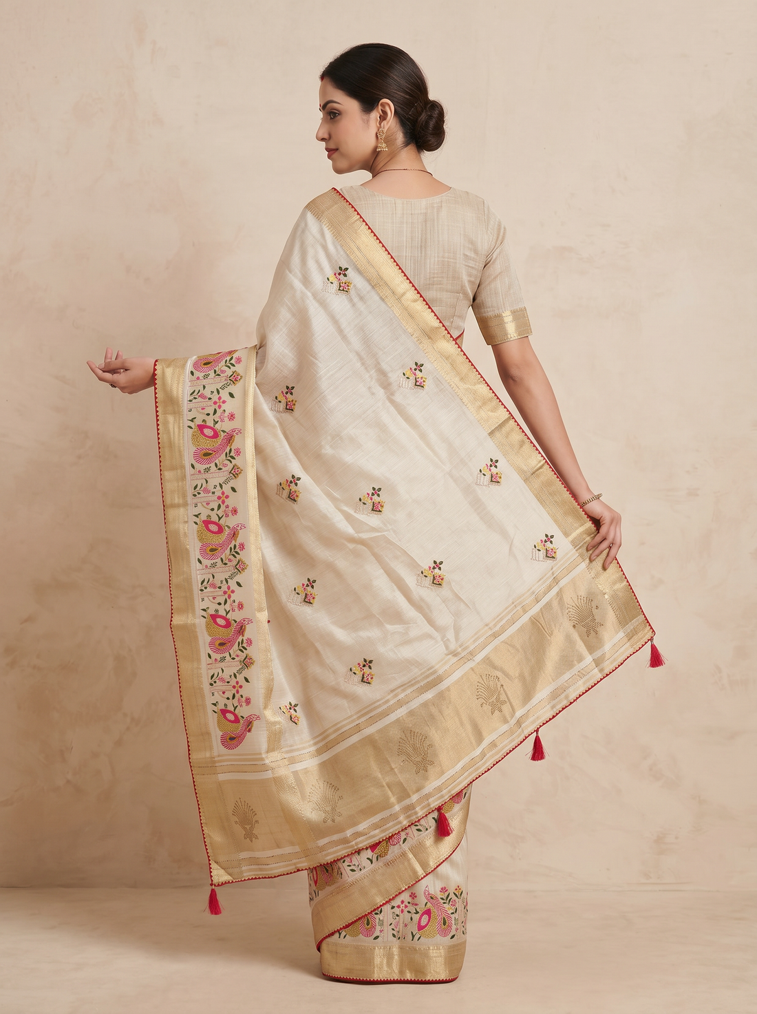 Saantha Signature|Greenish Cream Cotton Silk Embroidery Saree