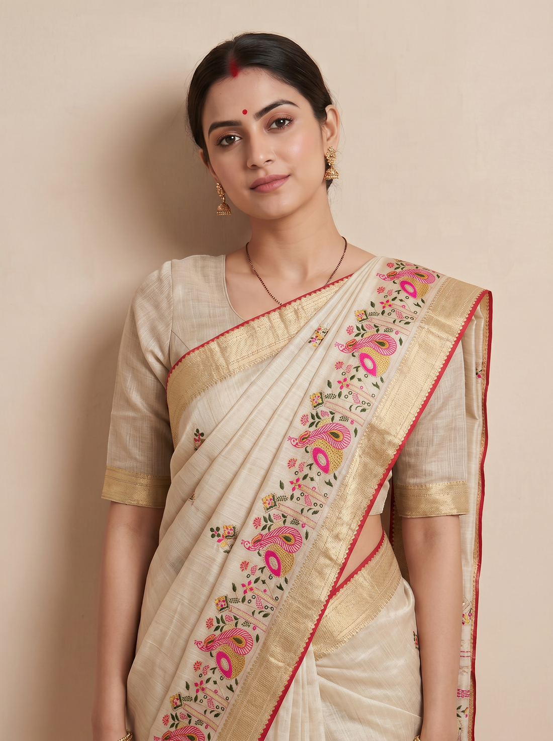 Saantha Signature|Greenish Cream Cotton Silk Embroidery Saree