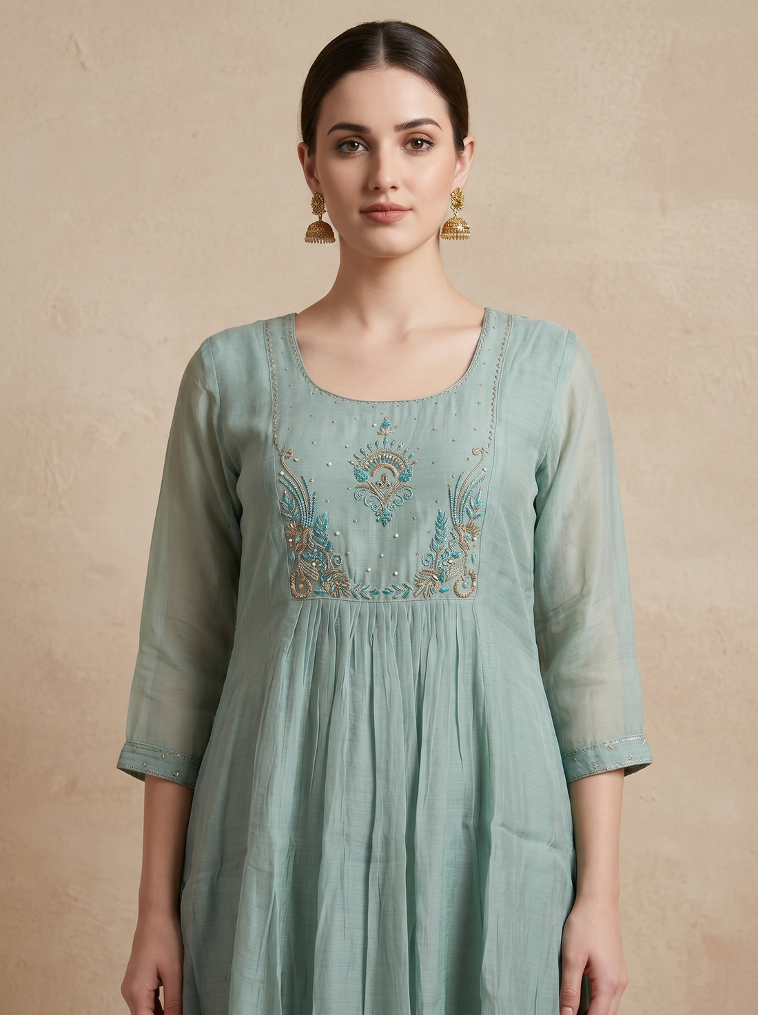 Saantha Signature|Light Green Cotton Silk Embroidery Kurta Set