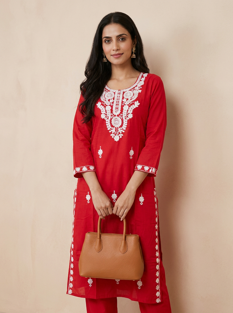 Saantha Signature|Red Cotton Embroidery Kurta Set