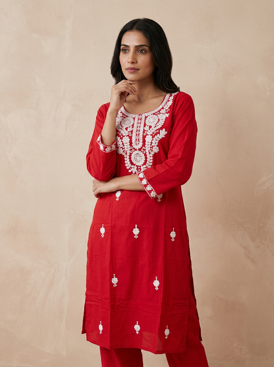 Saantha Signature|Red Cotton Embroidery Kurta Set