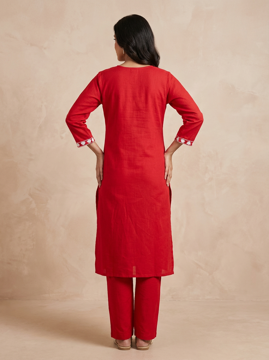 Saantha Signature|Red Cotton Embroidery Kurta Set