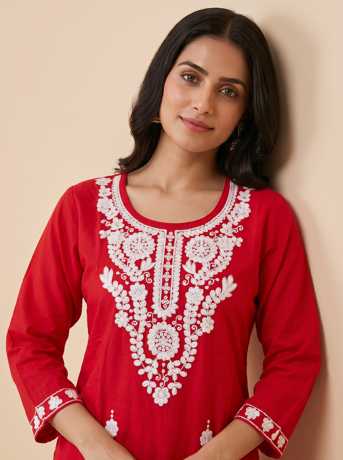 Saantha Signature|Red Cotton Embroidery Kurta Set