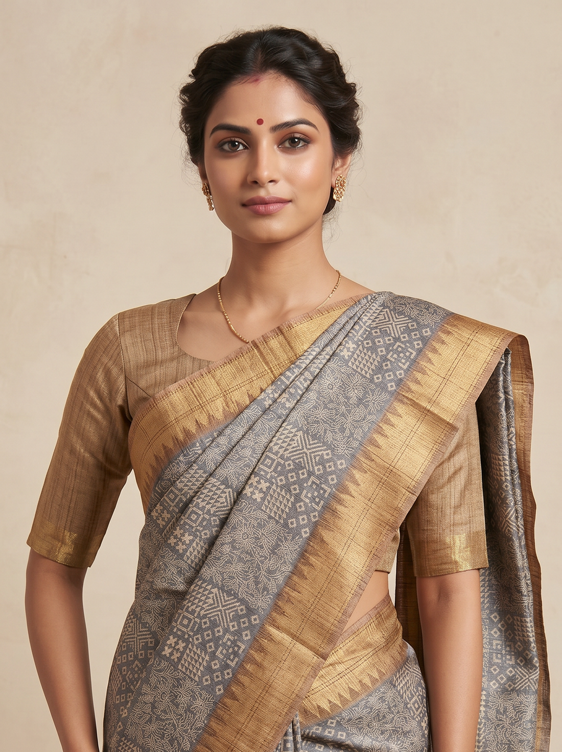 Saantha Signature|Brown Ghicha Tassar Print Saree