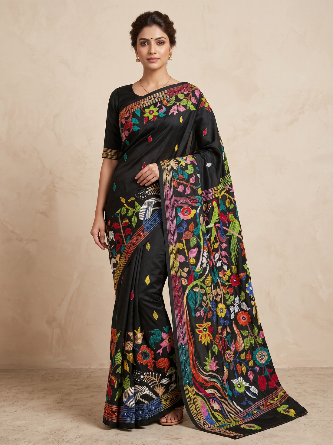 Saantha Signature|Black Tussar Silk Hand Embroidery Saree