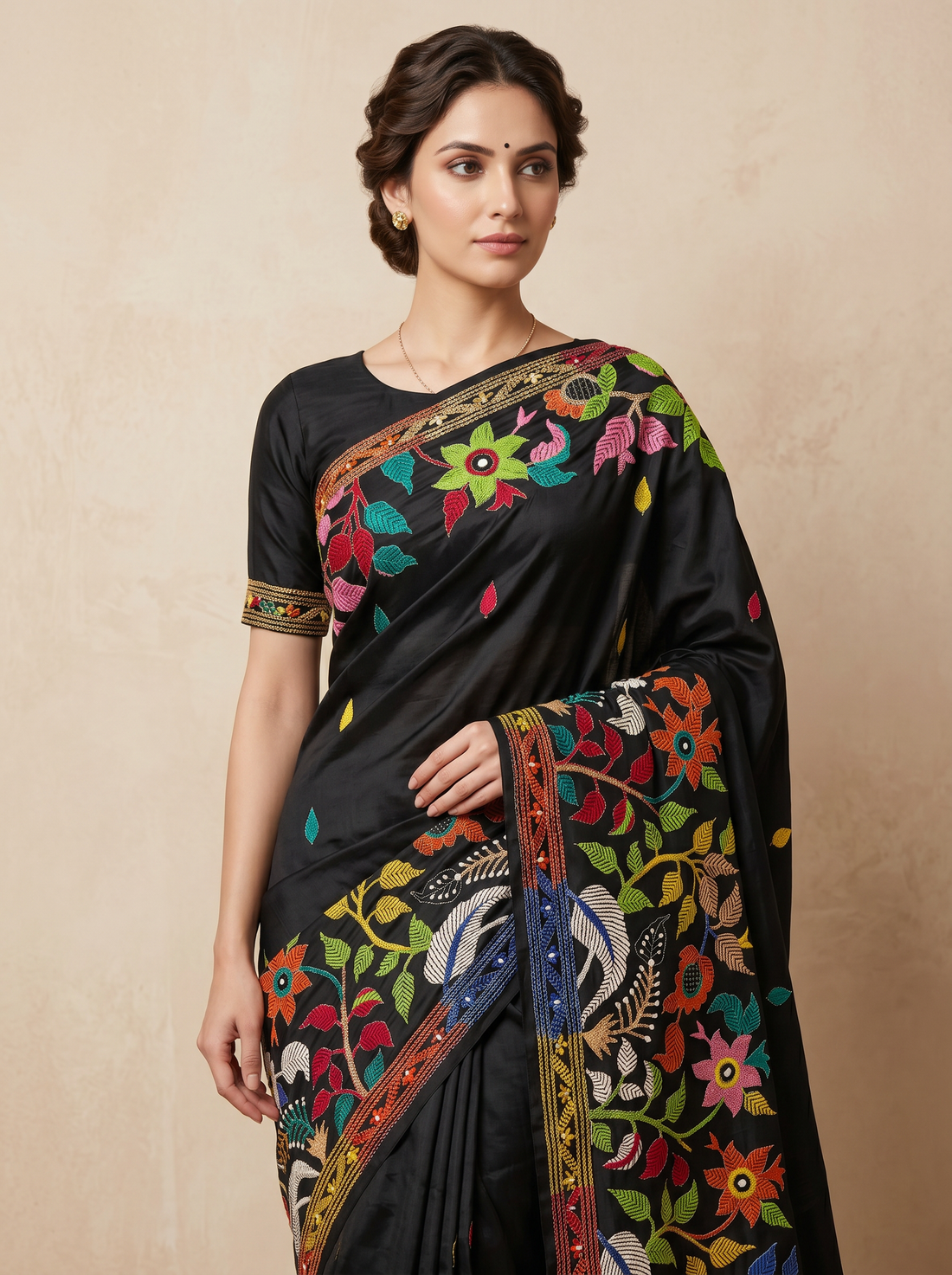 Saantha Signature|Black Tussar Silk Hand Embroidery Saree