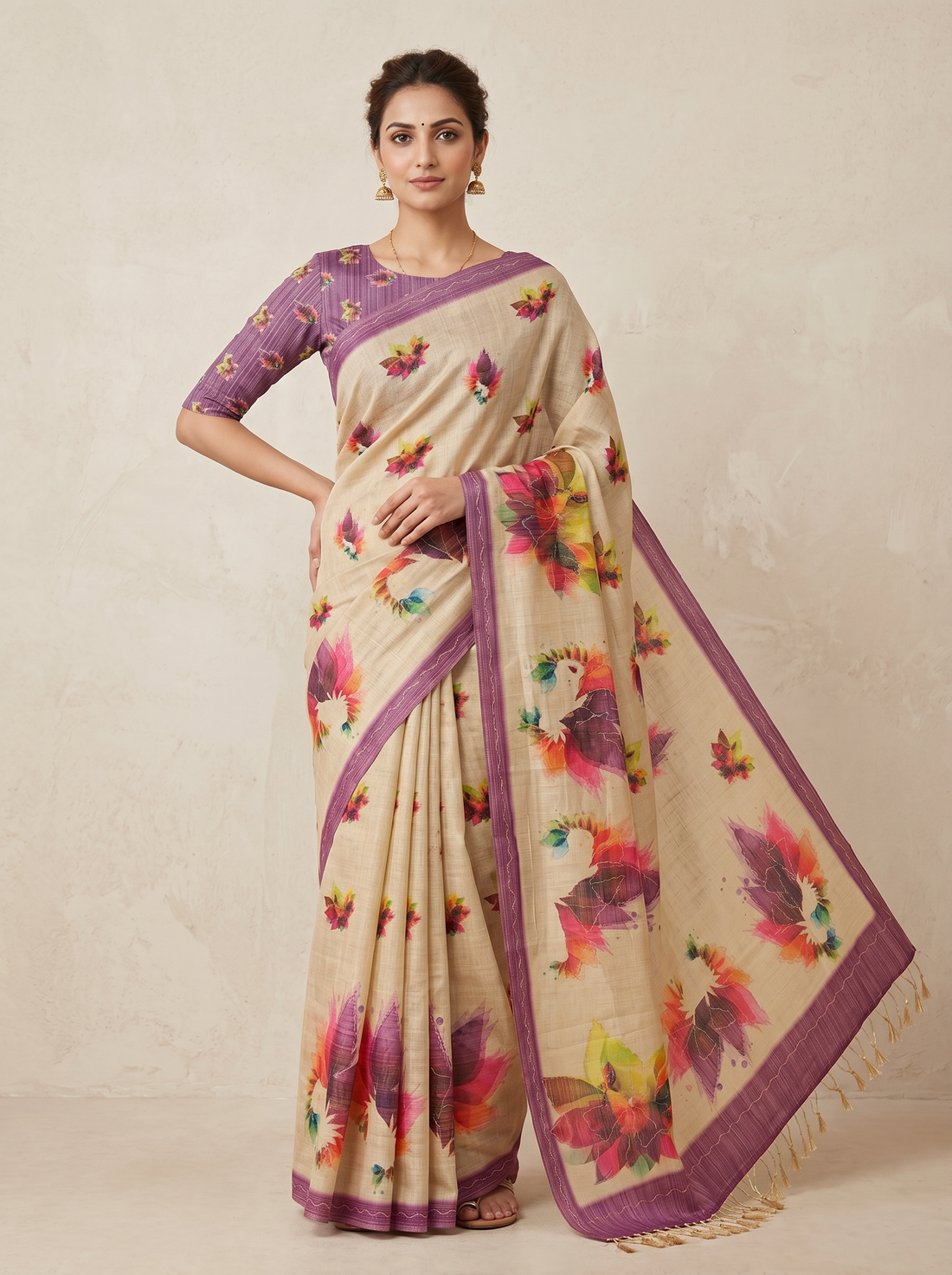 Saantha Signature|Cream Magenta Assam Silk Embroidery Saree