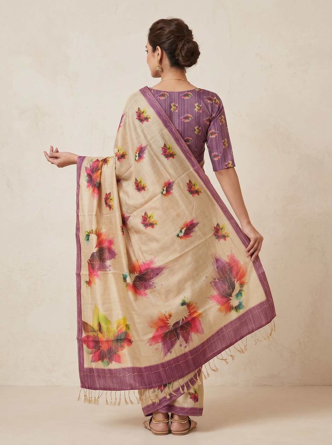 Saantha Signature|Cream Magenta Assam Silk Embroidery Saree