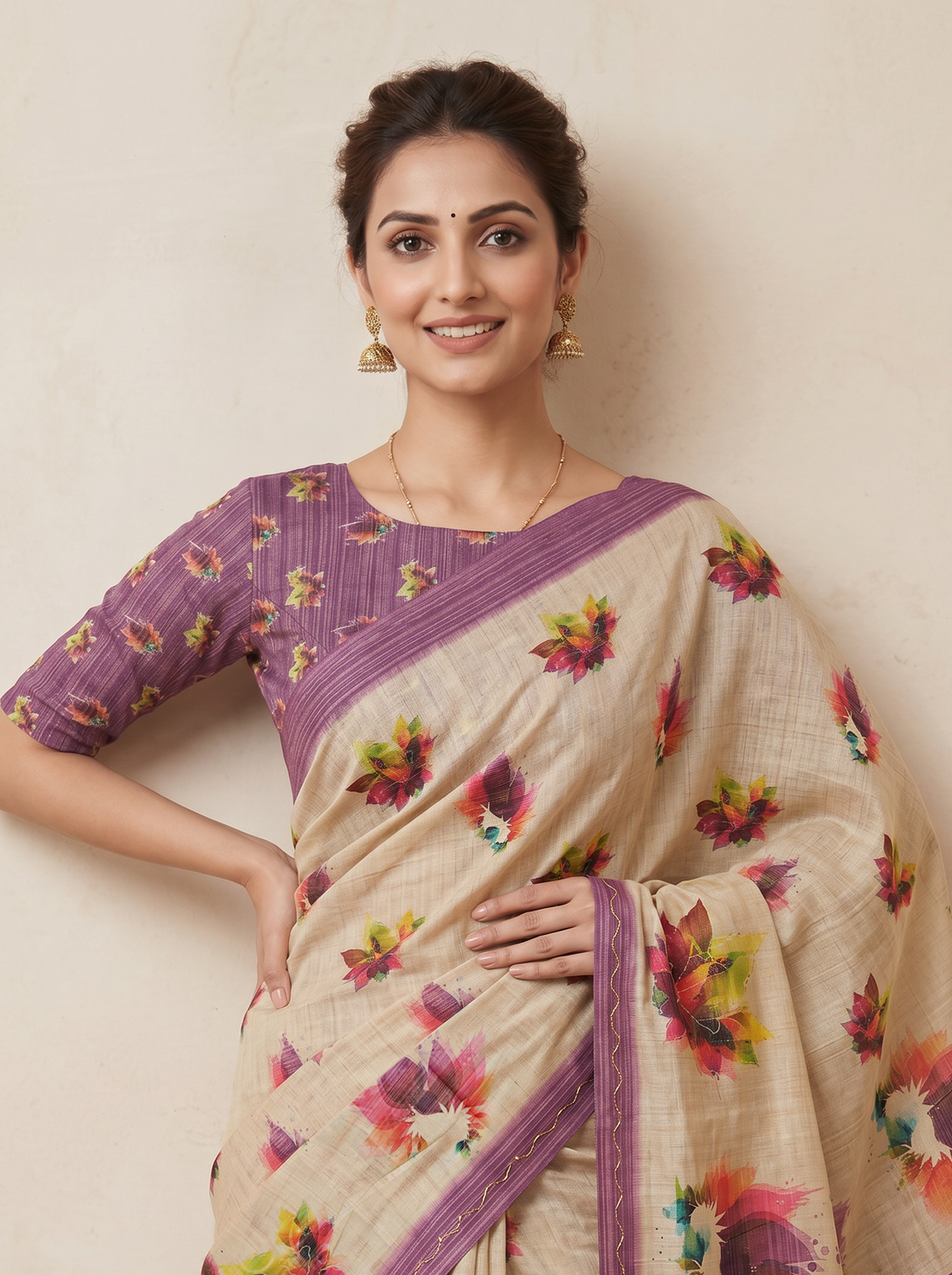 Saantha Signature|Cream Magenta Assam Silk Embroidery Saree
