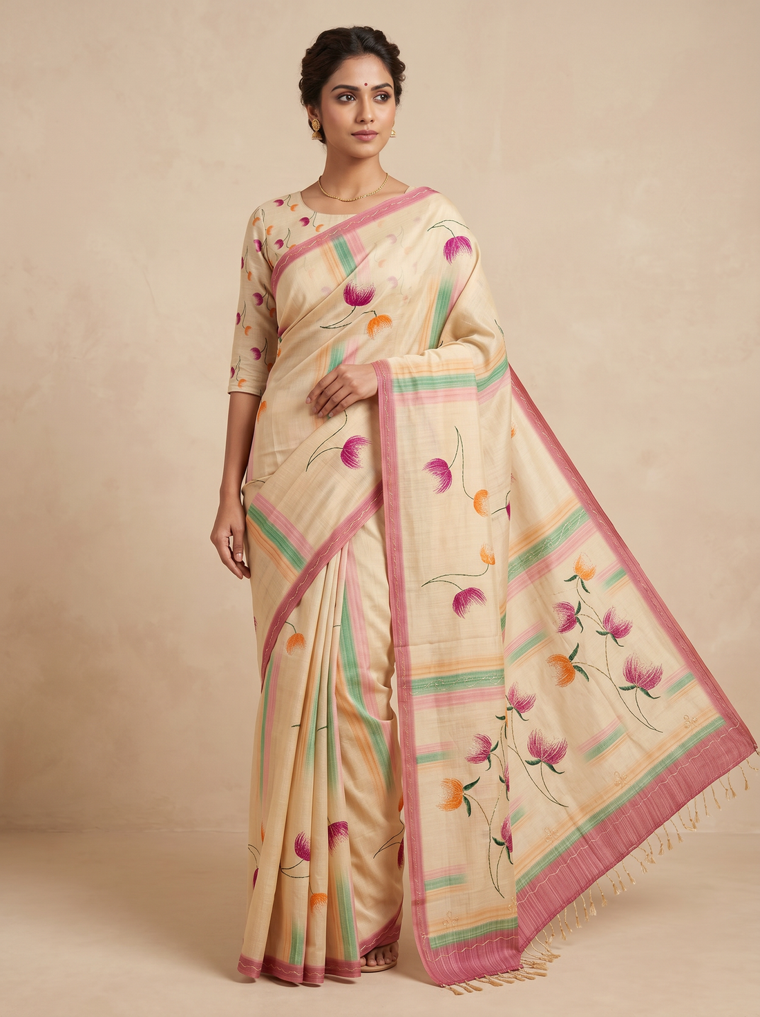Saantha Signature|Cream Orange Assam Silk Embroidery Saree