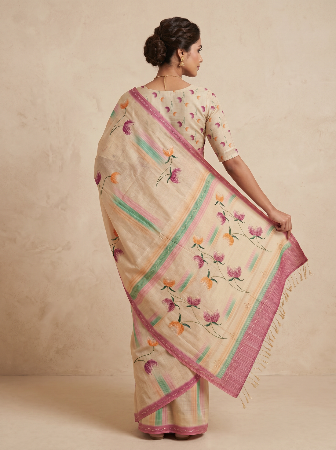 Saantha Signature|Cream Orange Assam Silk Embroidery Saree