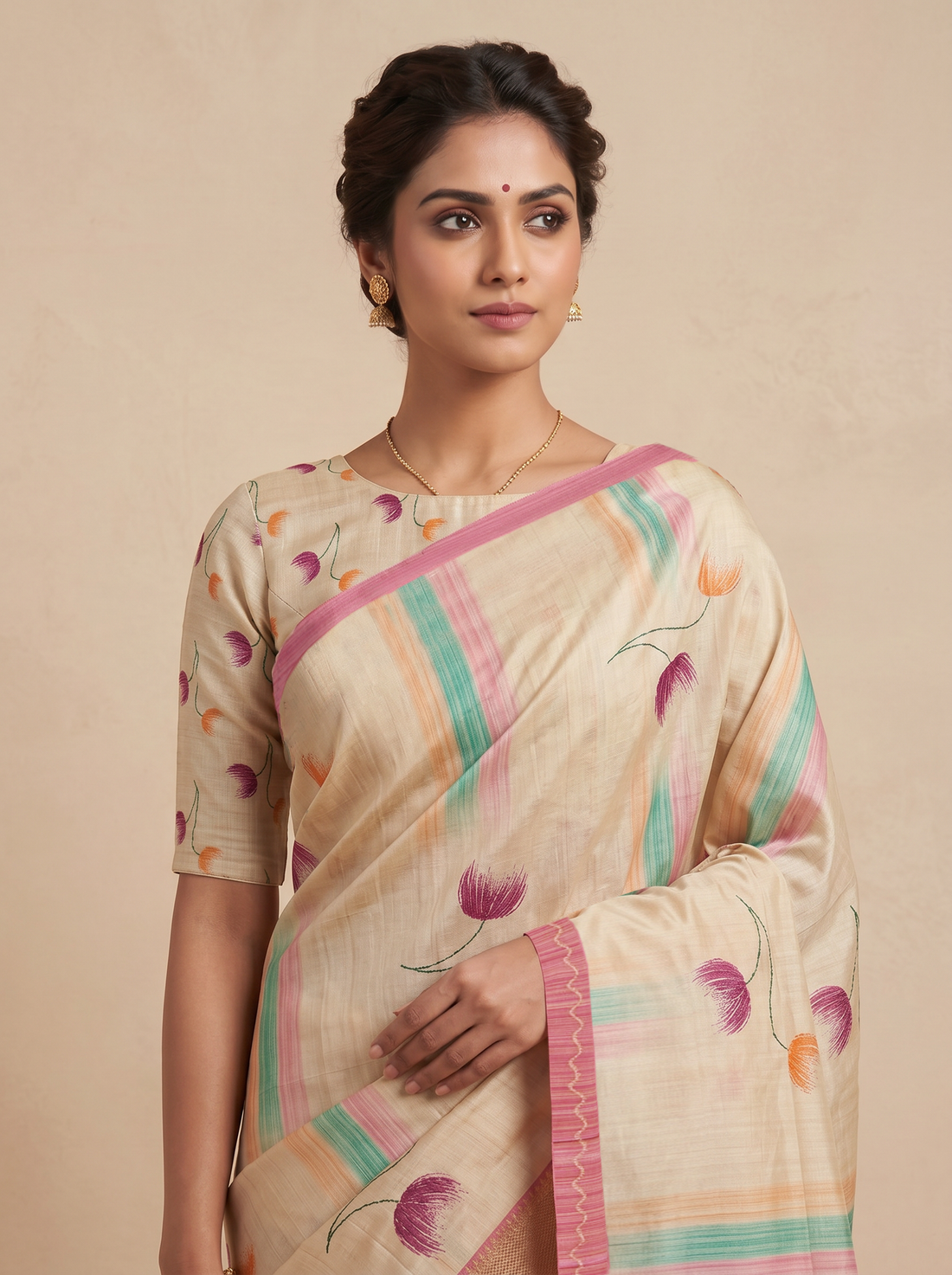 Saantha Signature|Cream Orange Assam Silk Embroidery Saree