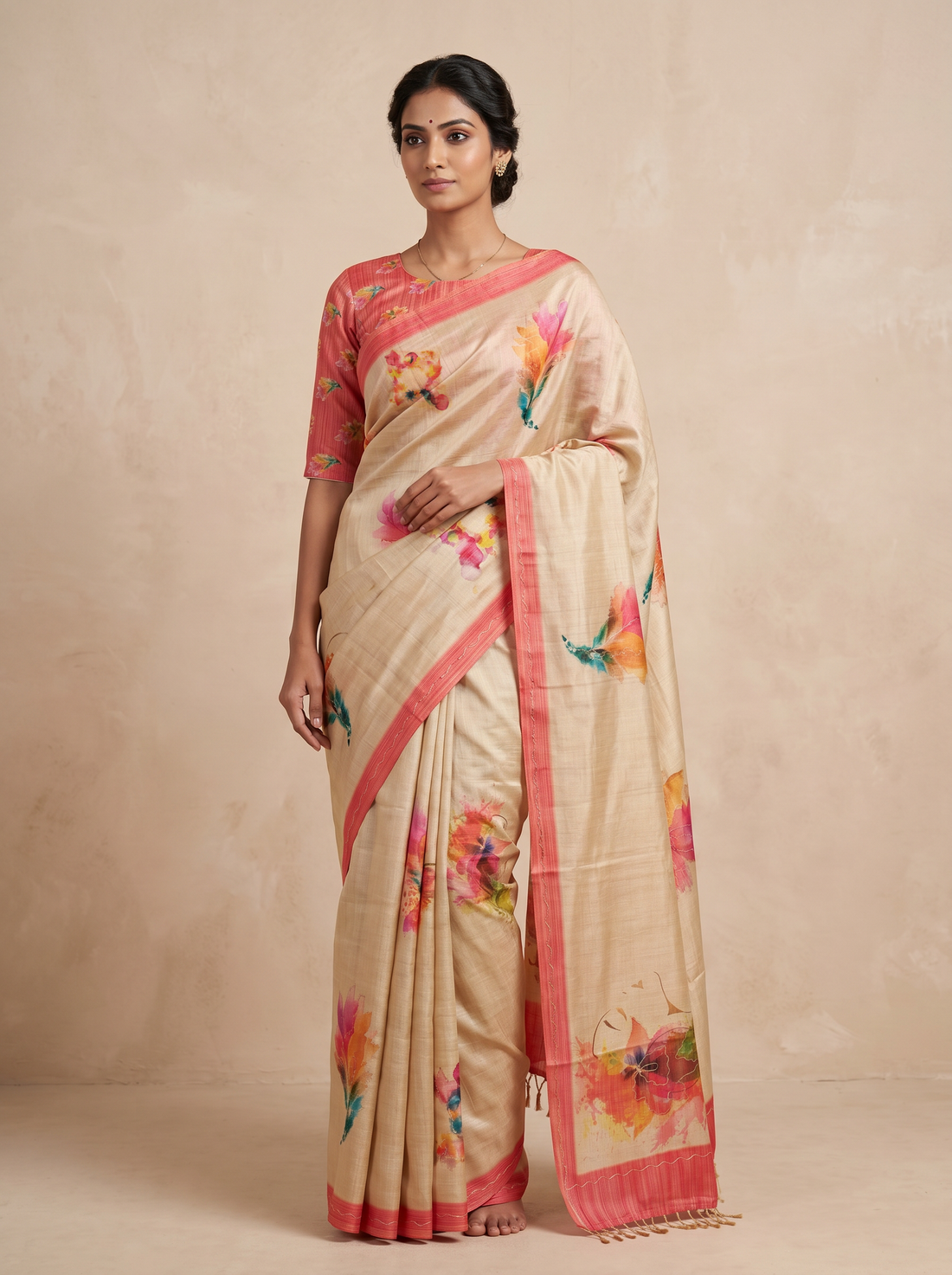 Saantha Signature|Cream Assam Silk Embroidery Saree