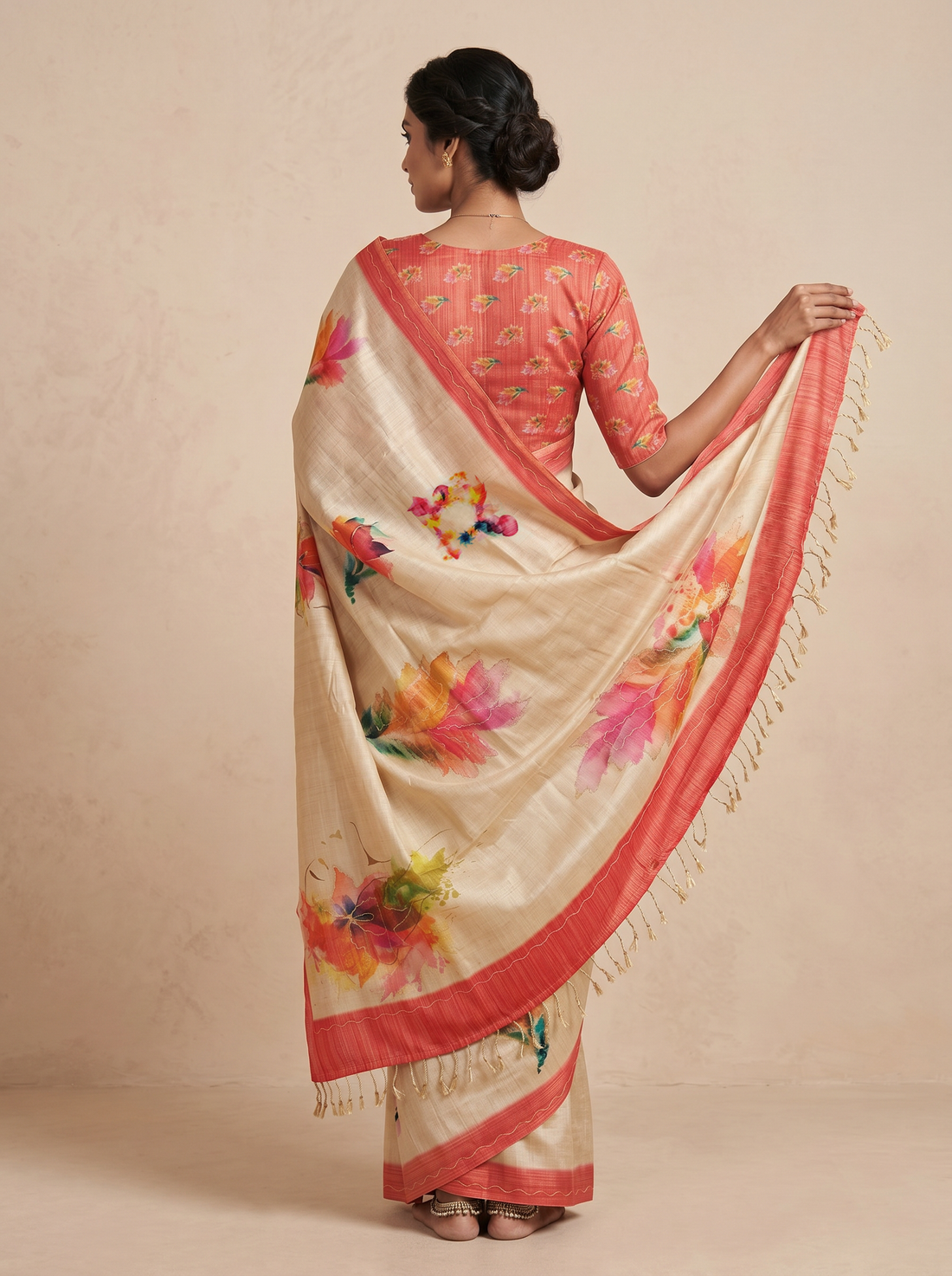 Saantha Signature|Cream Assam Silk Embroidery Saree