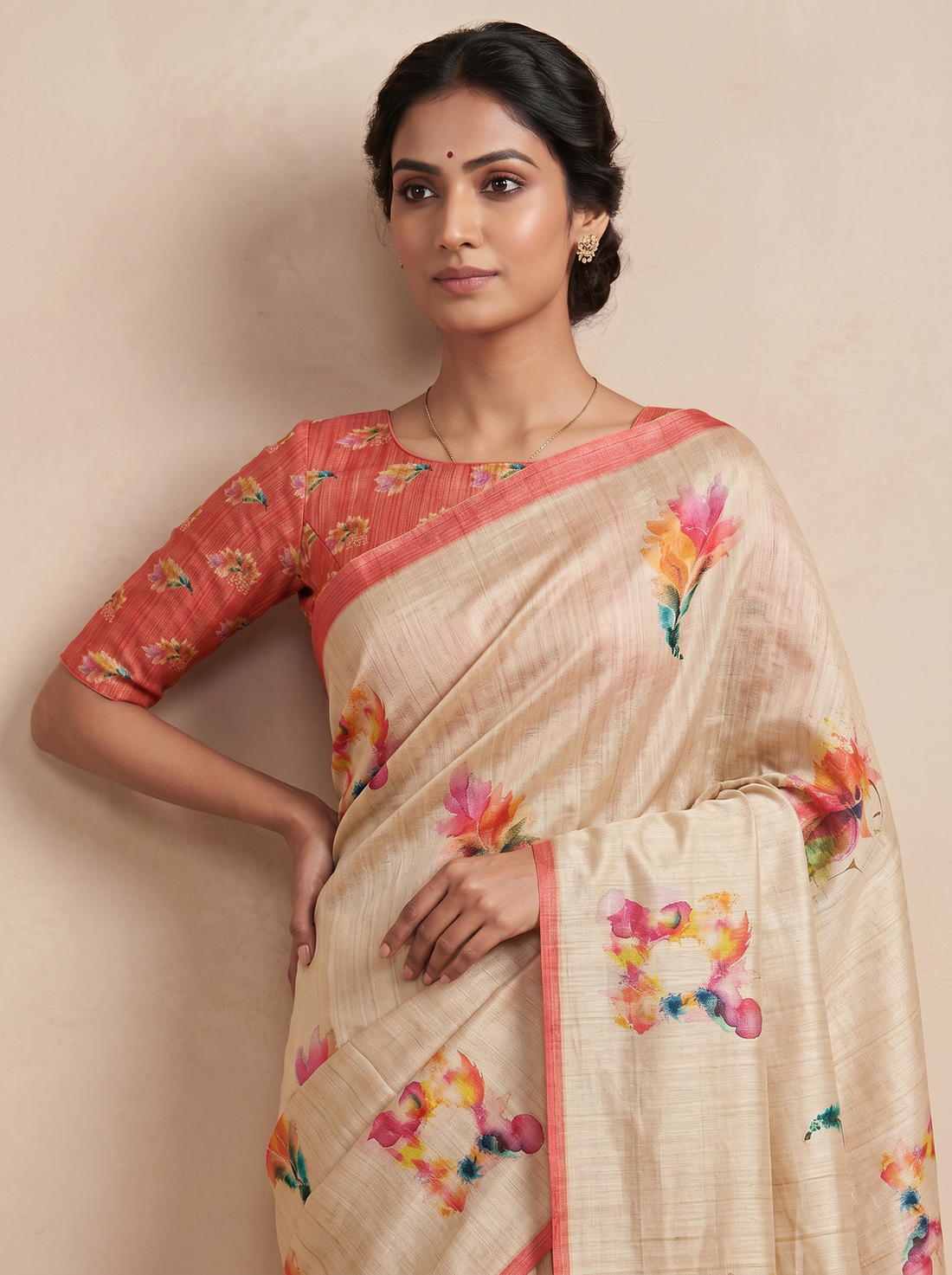 Saantha Signature|Cream Assam Silk Embroidery Saree
