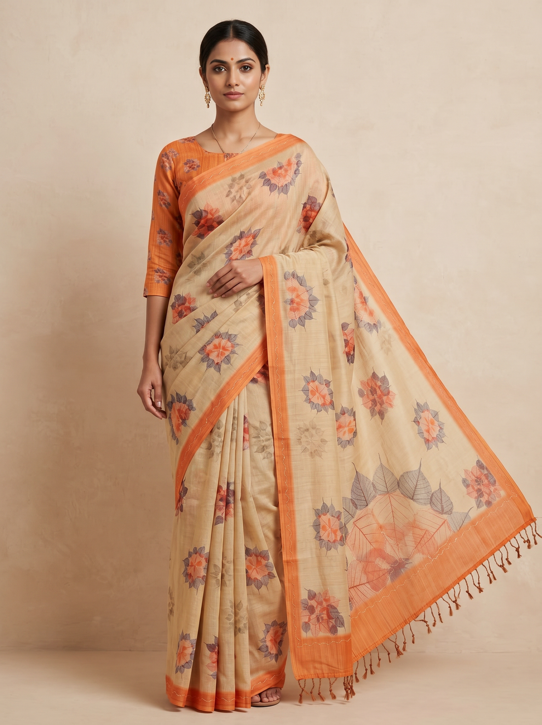 Saantha Signature|Orange Assam Silk Embroidery Saree