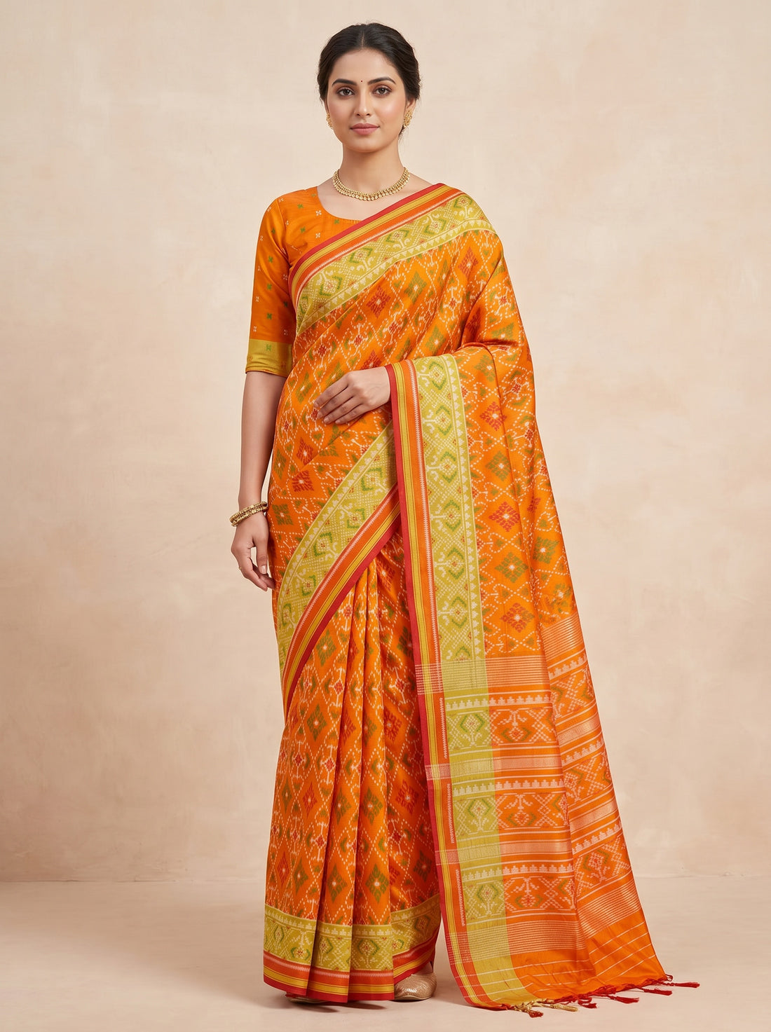 Saantha Signature|Orange Patola Silk Blockprint Saree