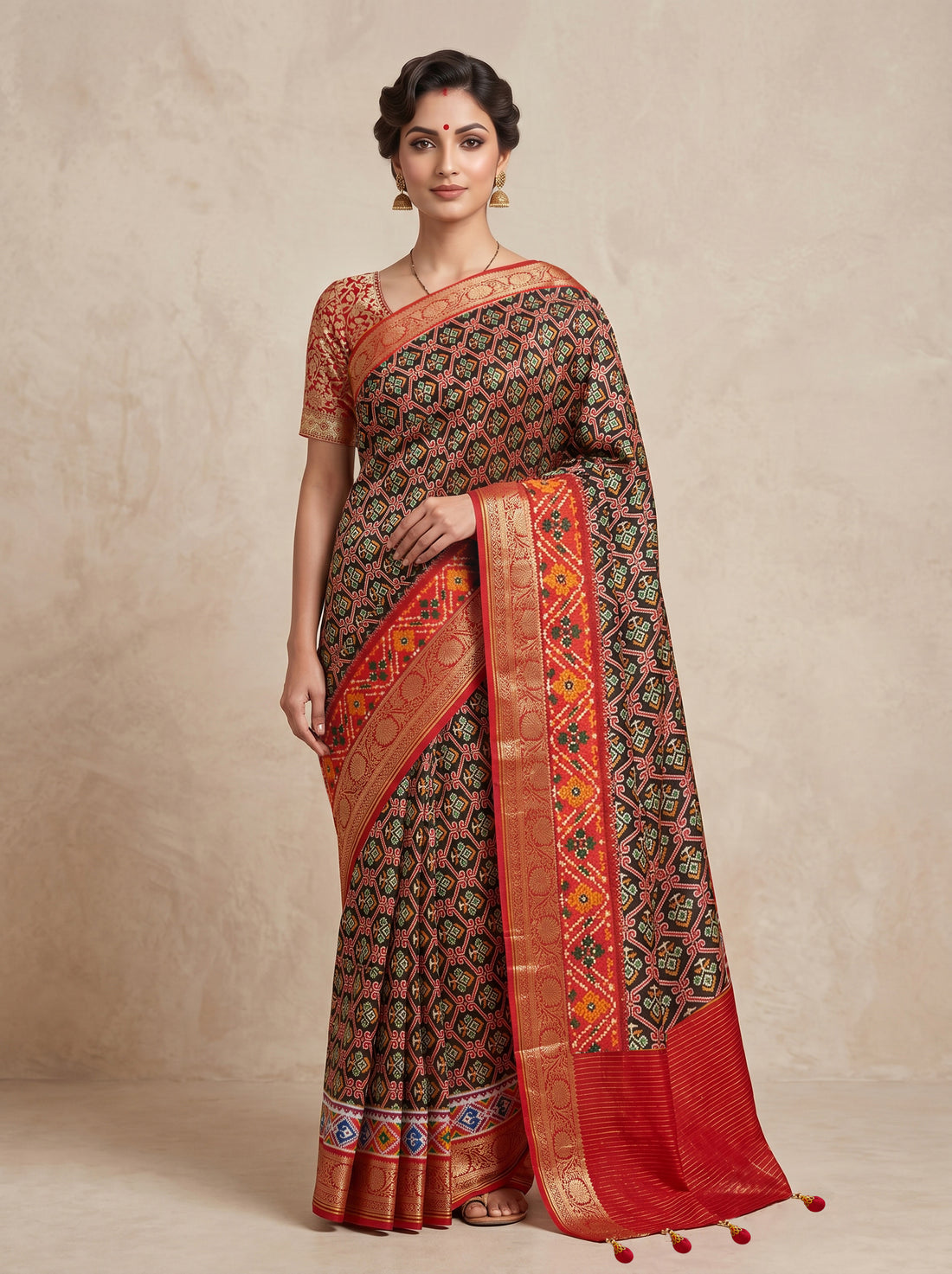 Red Black Cotton Silk Print Saree