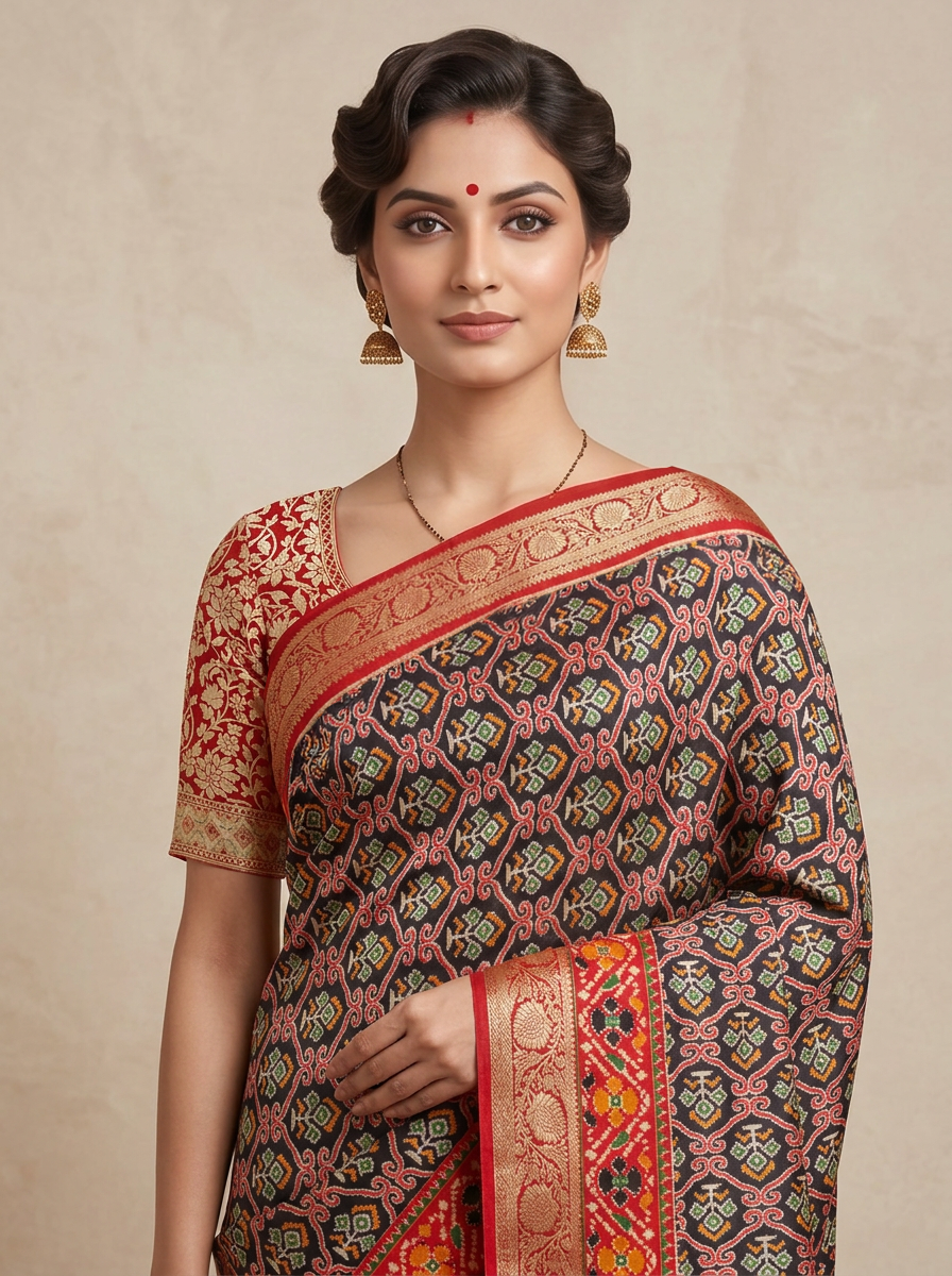 Saantha Signature|Red Black Cotton Silk Print Saree