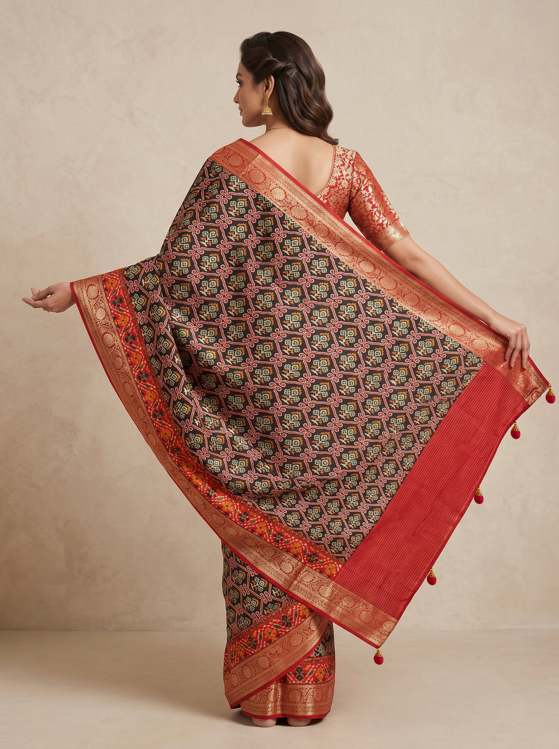 Red Black Cotton Silk Print Saree