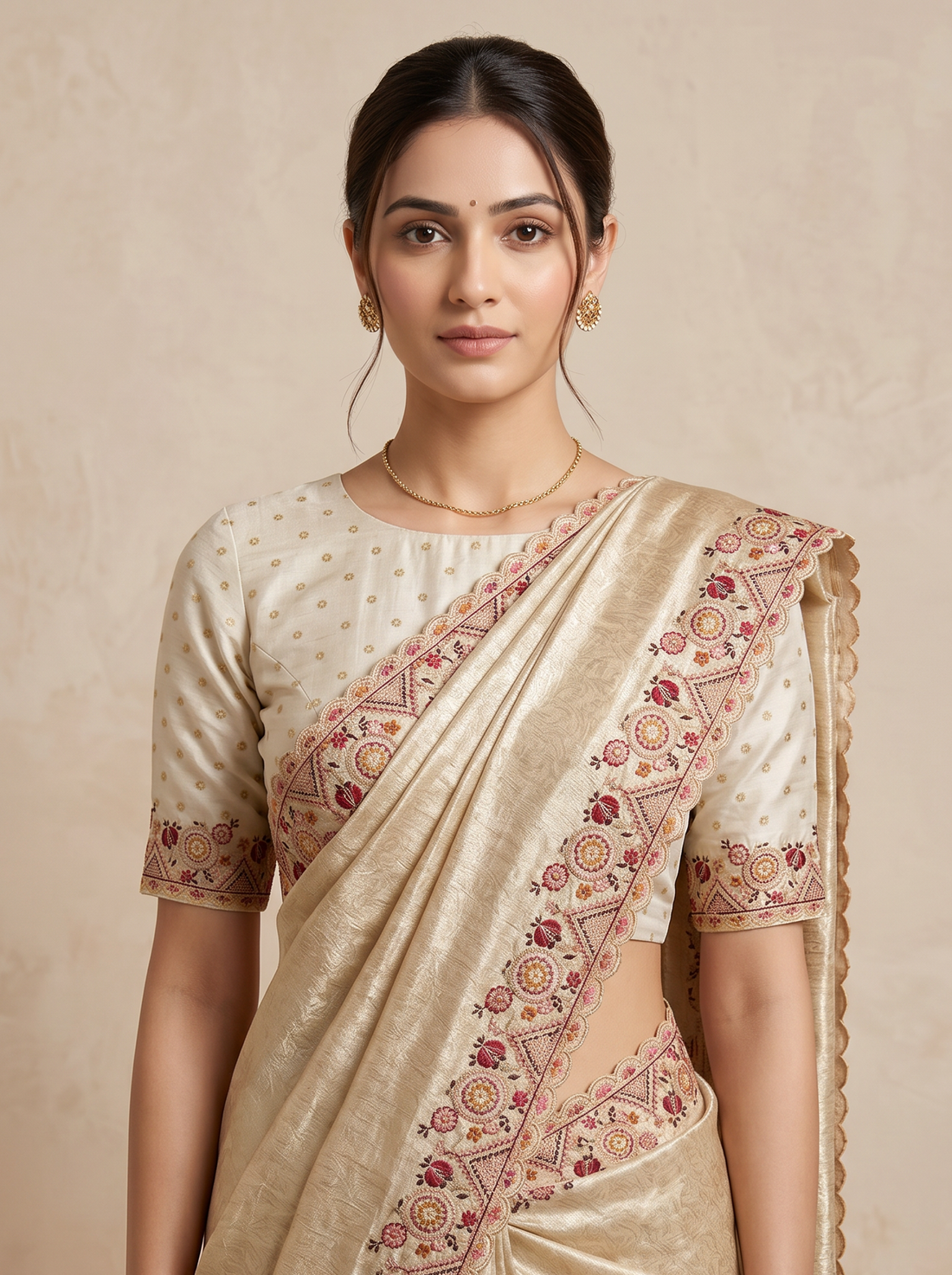 Saantha Signature|Cream Lola Silk Embroidery Saree