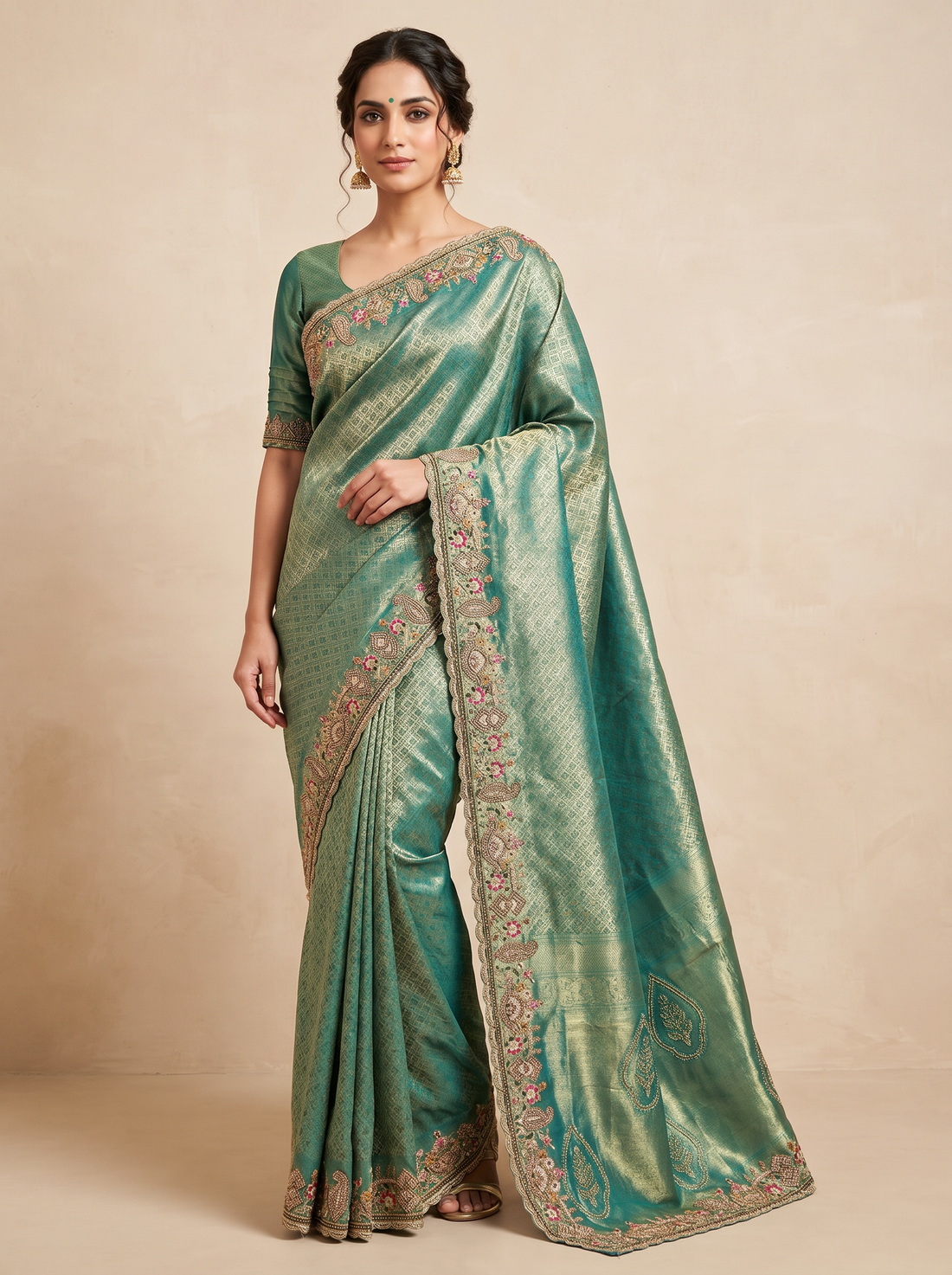 Saantha Signature|Green Lalo Silk Blend Embroidery Saree