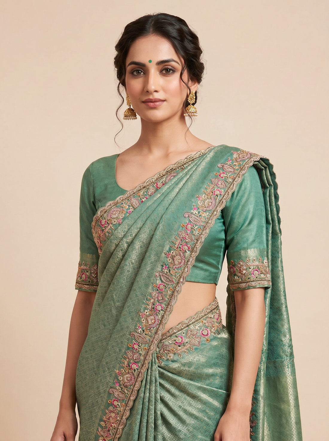 Saantha Signature|Green Lola Silk Embroidery Saree
