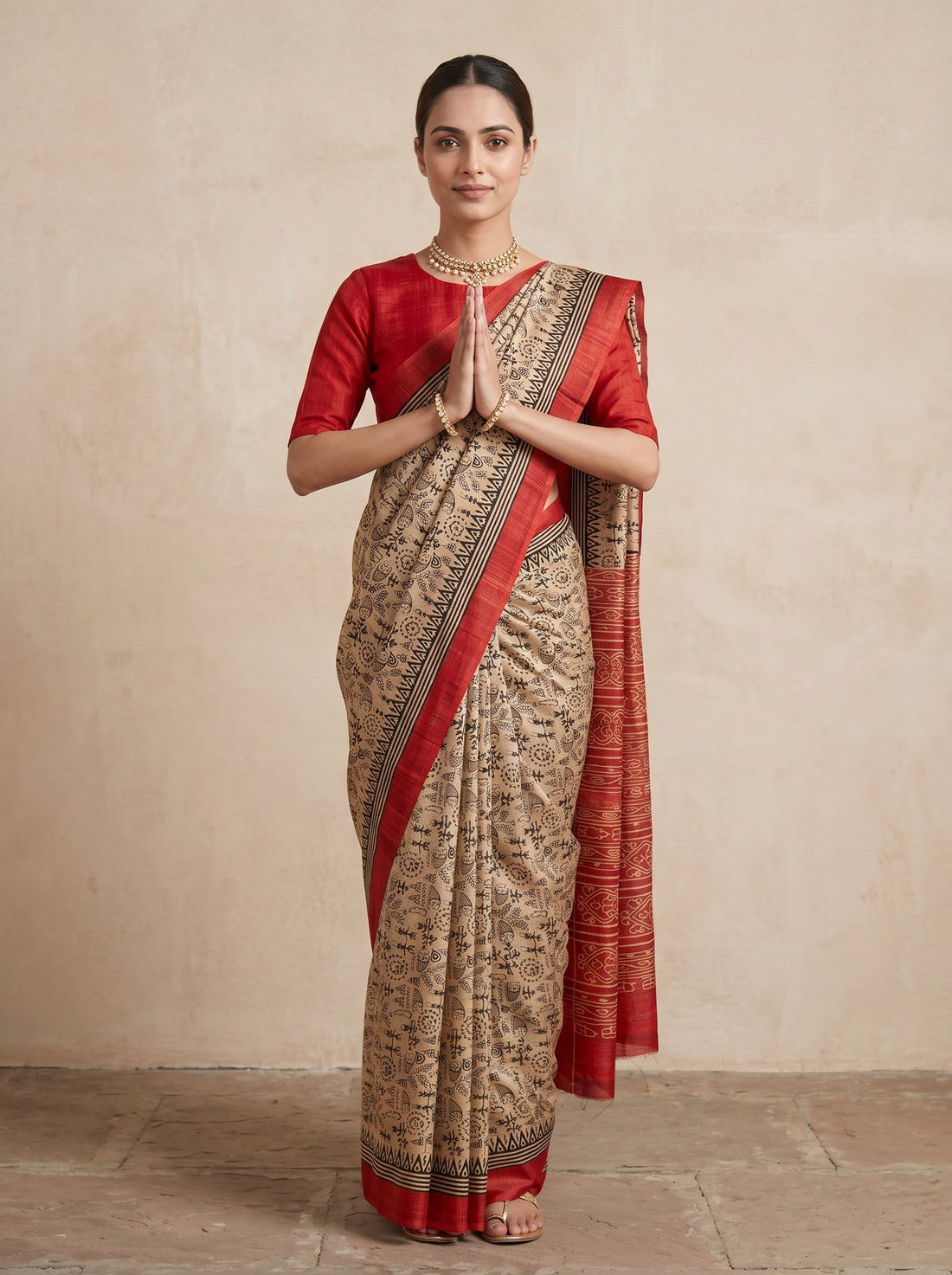 Saantha Signature|Cream Red Border Ghicha Tassar Print Saree