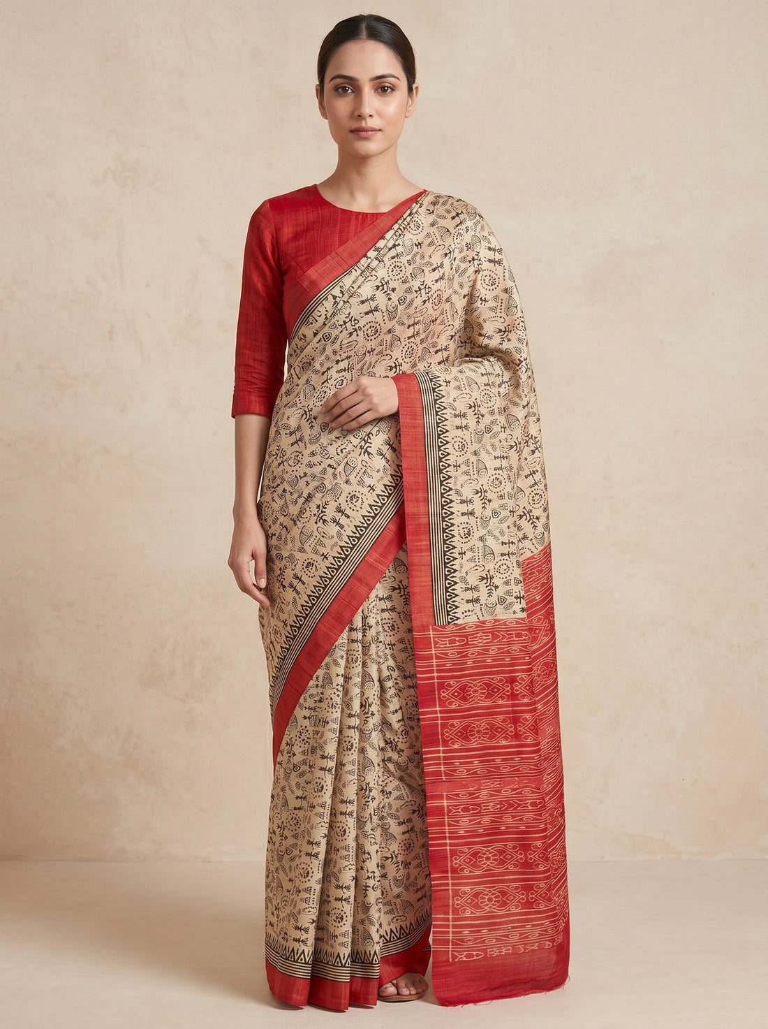 Saantha Signature|Cream Red Border Ghicha Tassar Print Saree