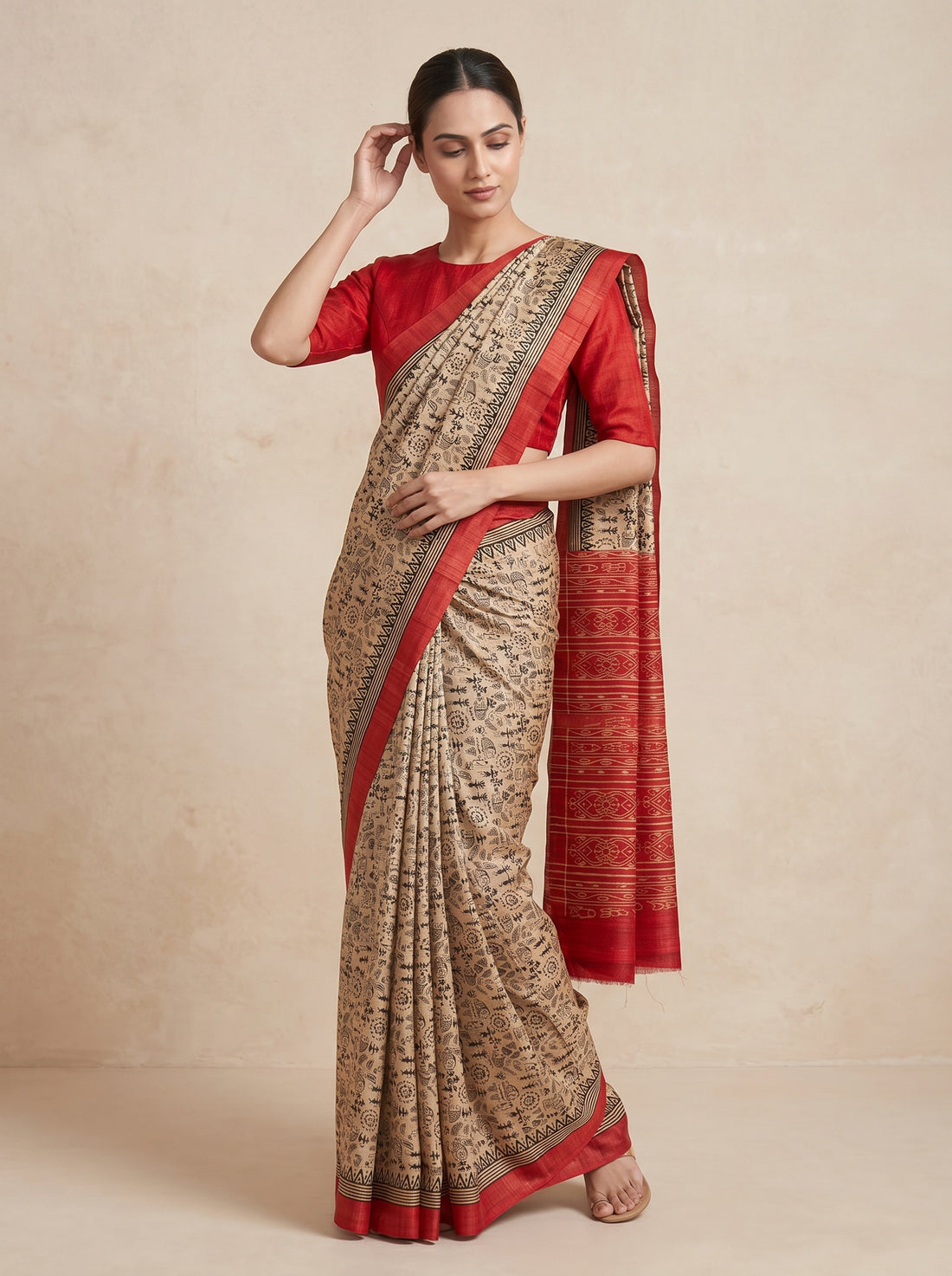Saantha Signature|Cream Red Border Ghicha Tassar Print Saree