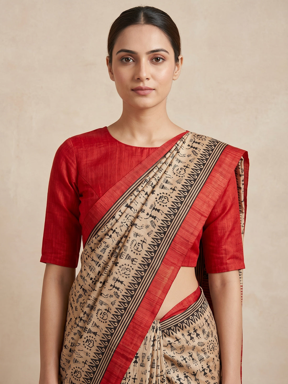 Saantha Signature|Cream Red Border Ghicha Tassar Print Saree