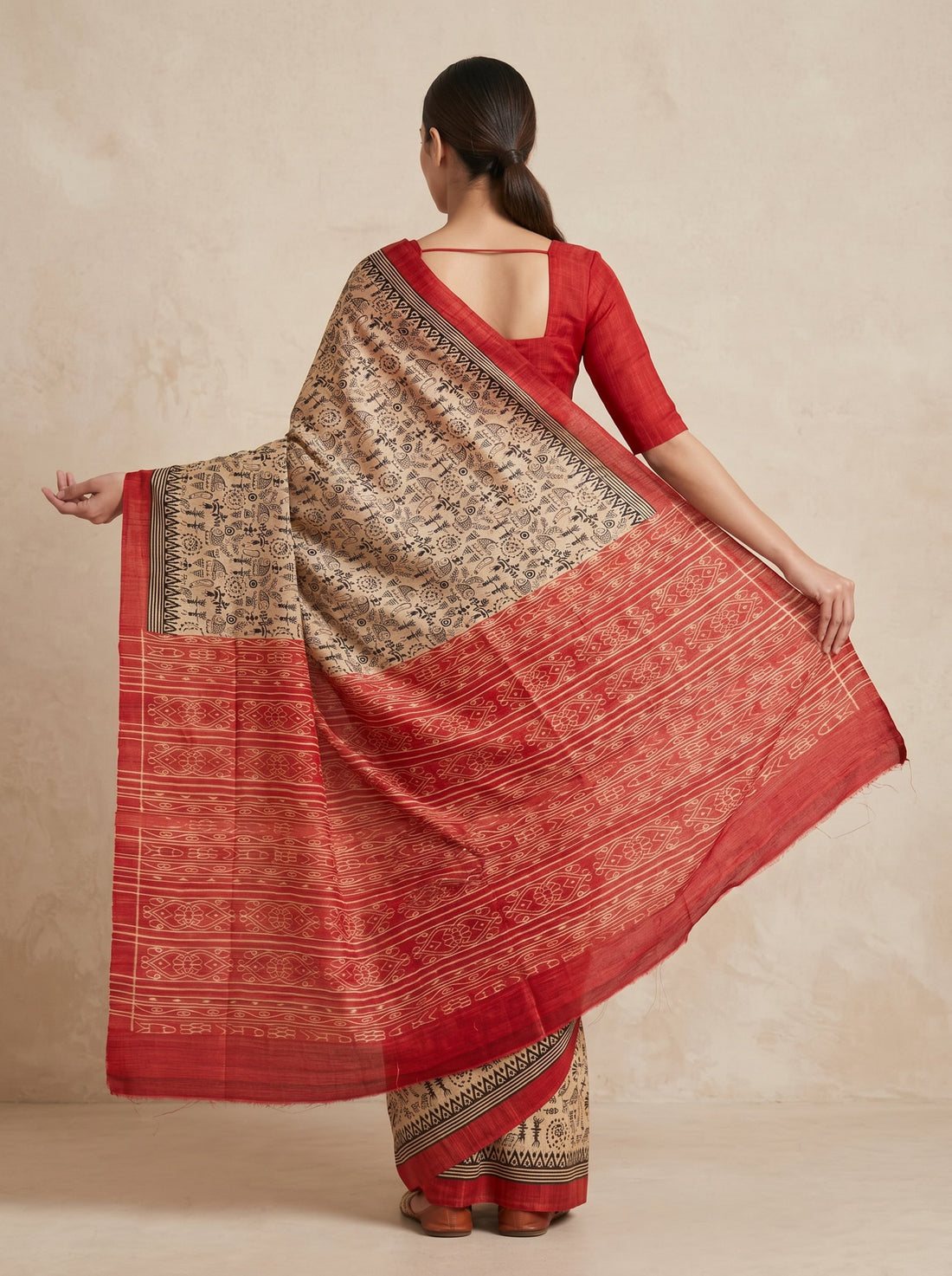 Saantha Signature|Cream Red Border Ghicha Tassar Print Saree