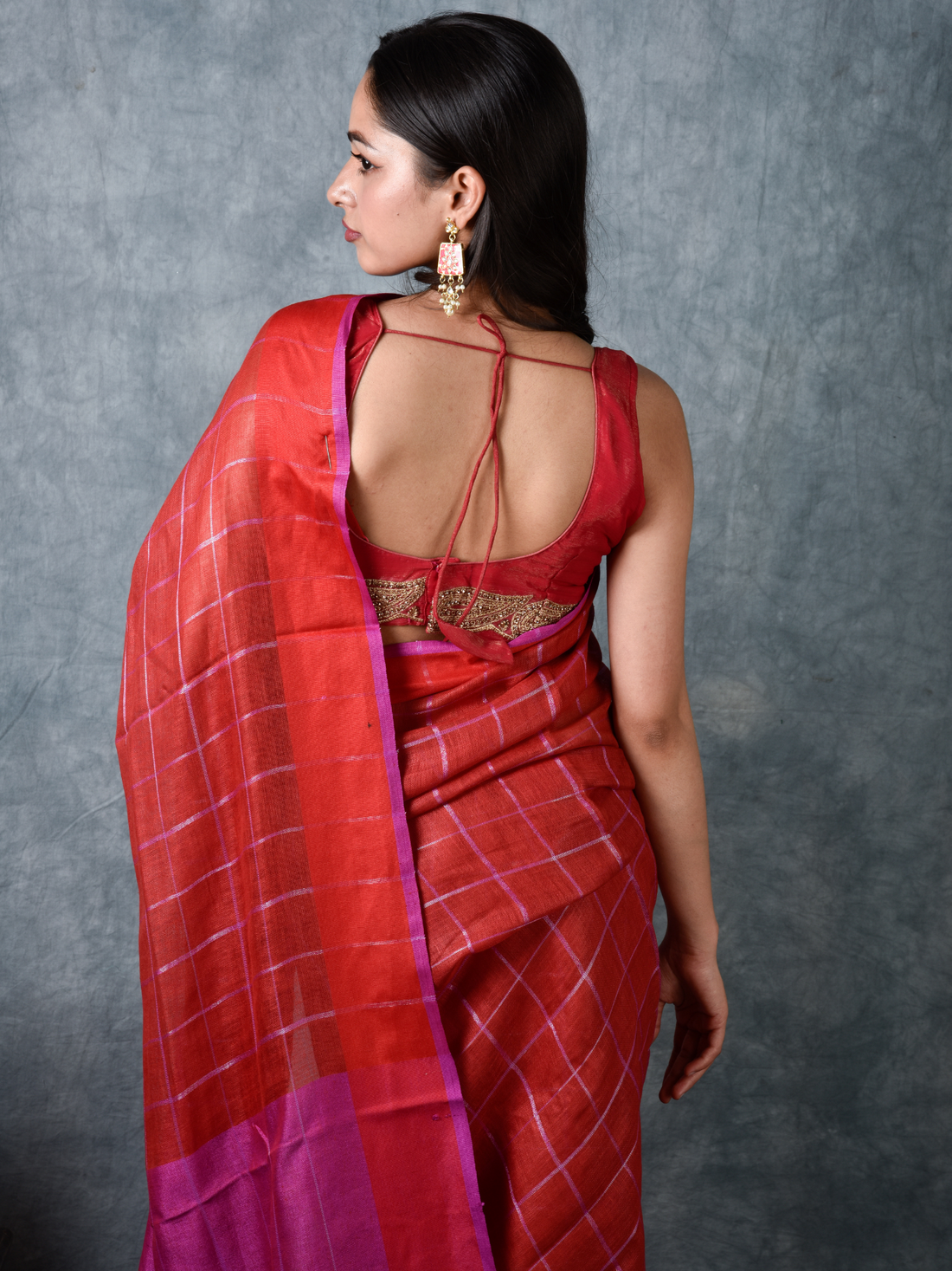 Crimson Blush Linen Zari Saree