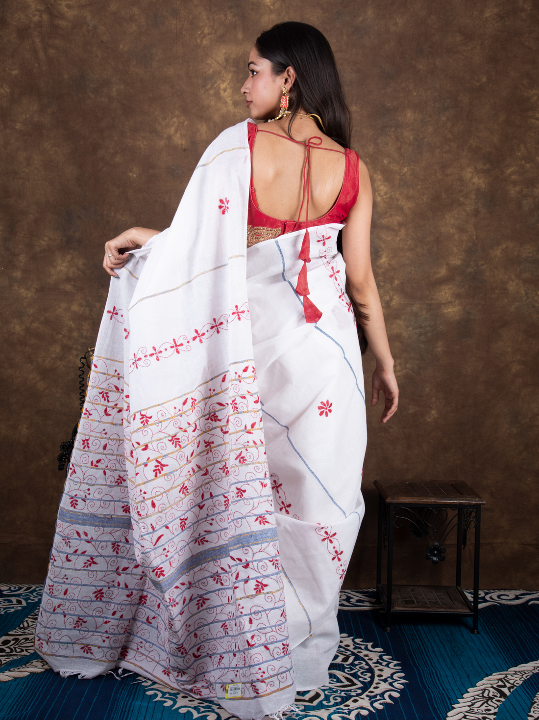 Cotton Kantha Saree with Red Floral Motifs