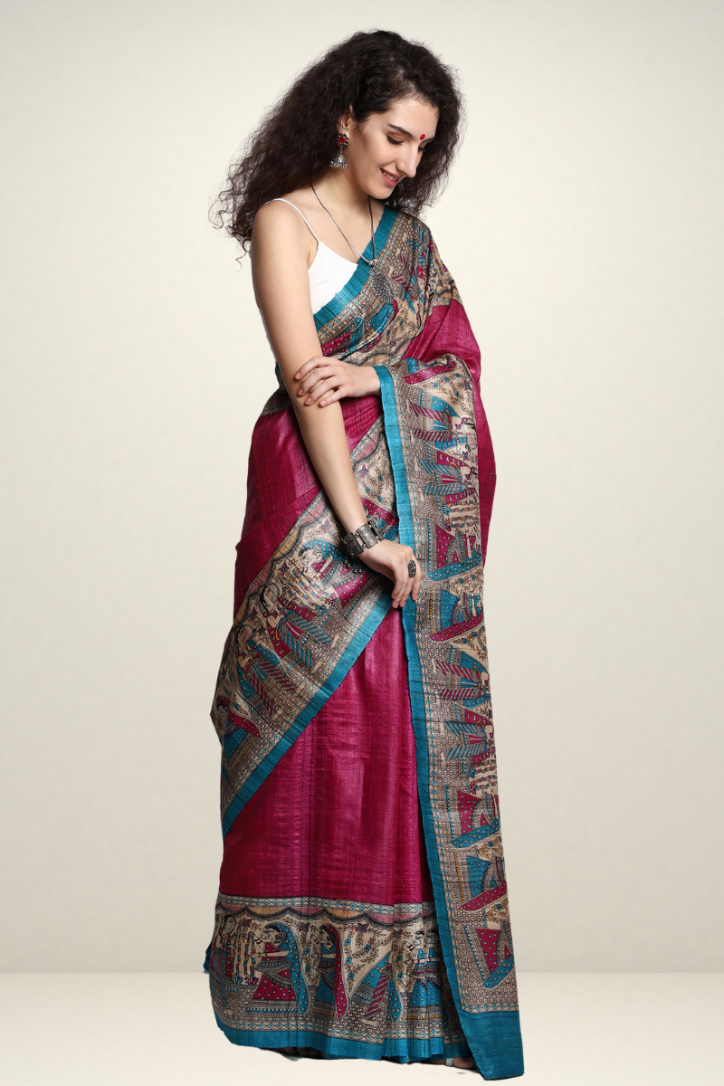 Tussar Ghicha Silk Hand Kalamkari Print Saree freeshipping - SILK ZONE