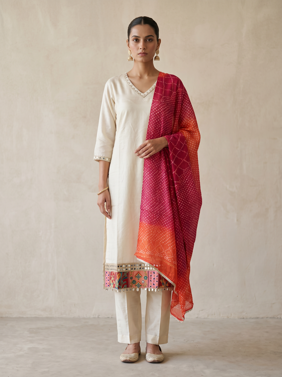 Cream kurta set with bandhani dupatta