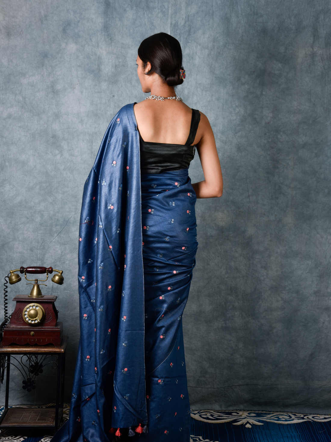 Handloom Jade Blue Silk Saree with Pink Flower Motifs